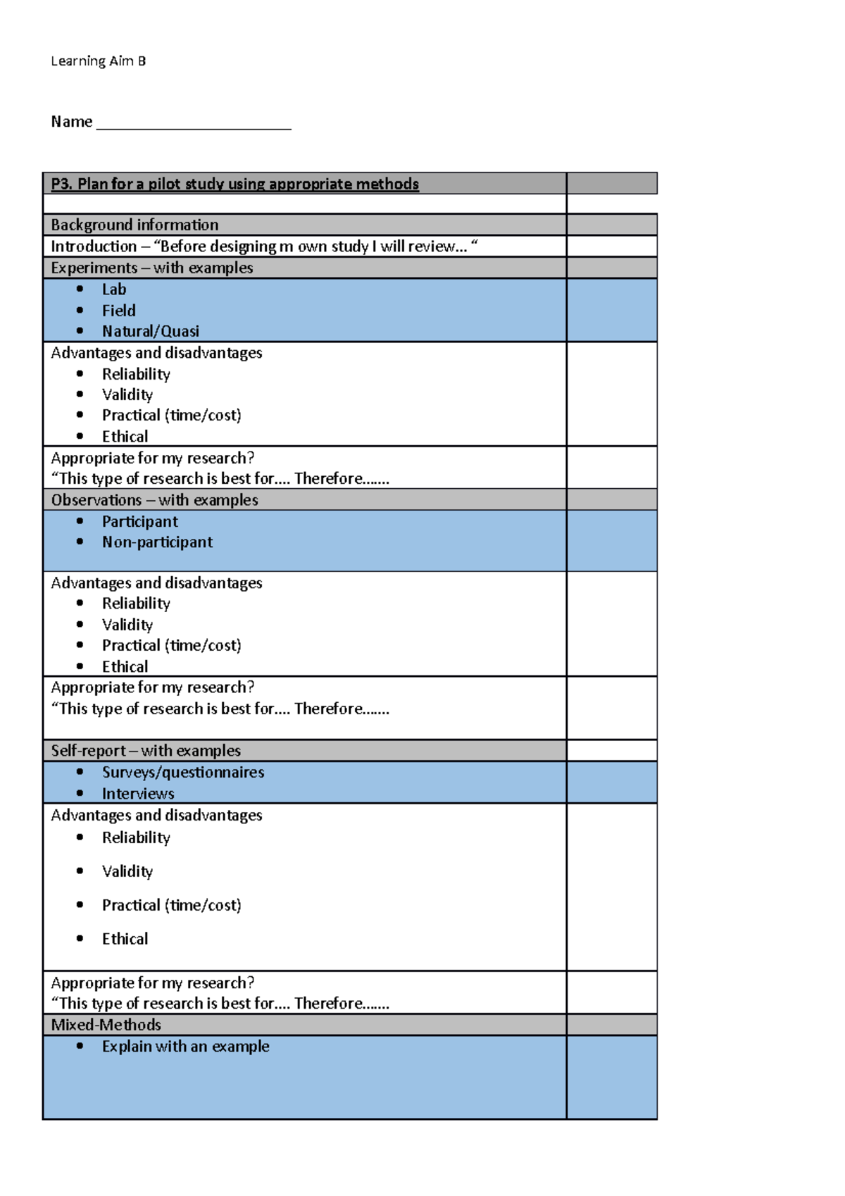 Learning Aim B1 And B2 Tick Sheet - Learning Aim B Name ...