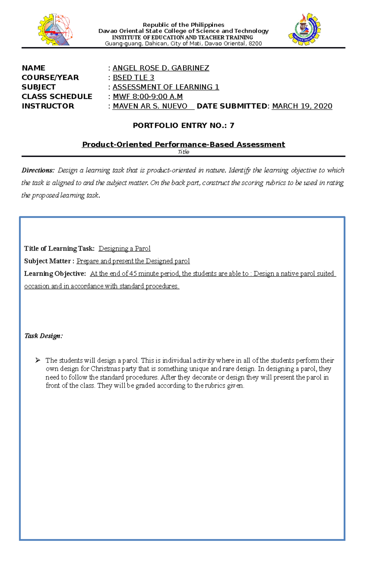 Portfolio Entry 7 - Task 1 - Republic of the Philippines Davao Oriental ...