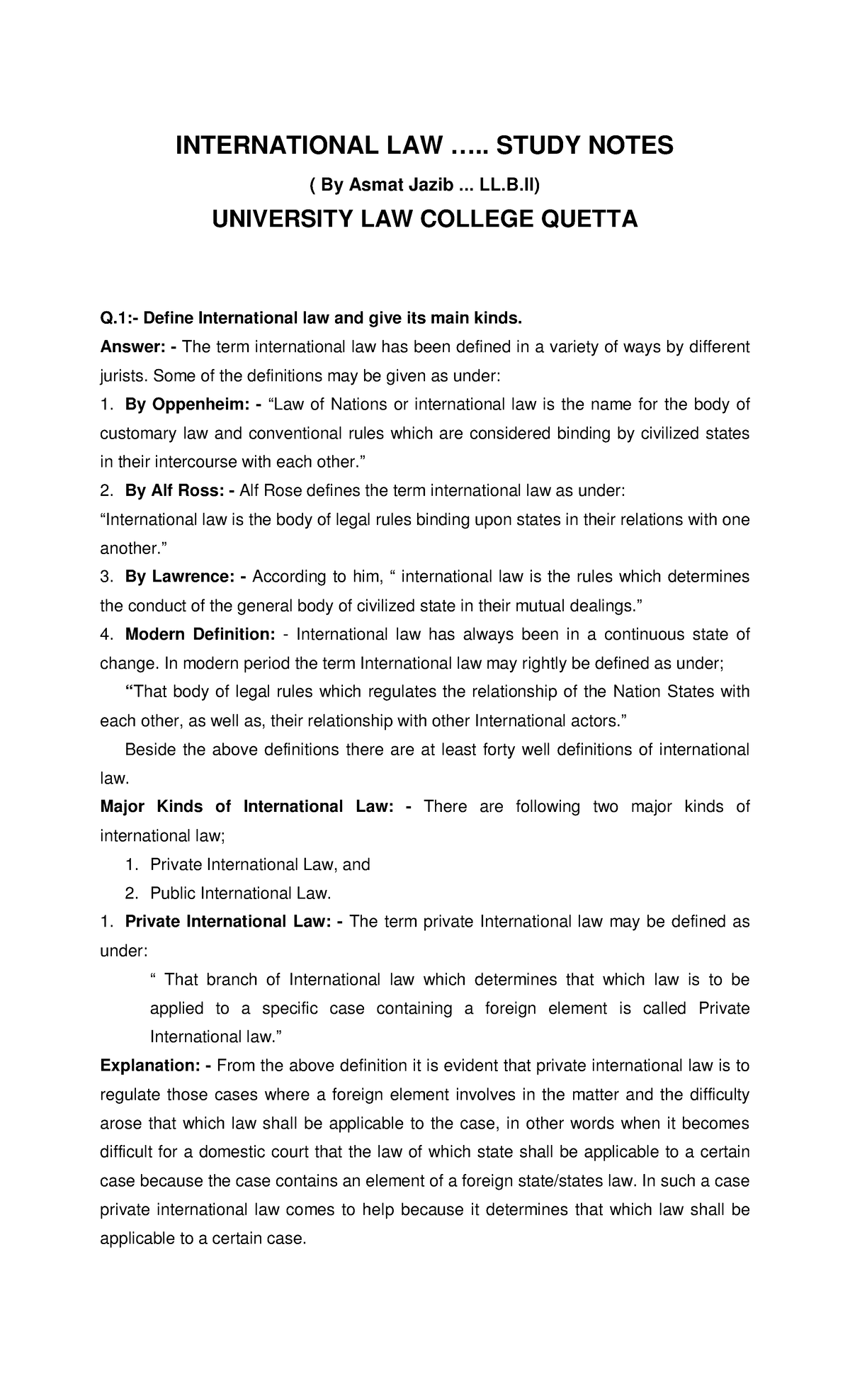 International Law Study Notes - INTERNATIONAL LAW ….. STUDY NOTES ( By ...