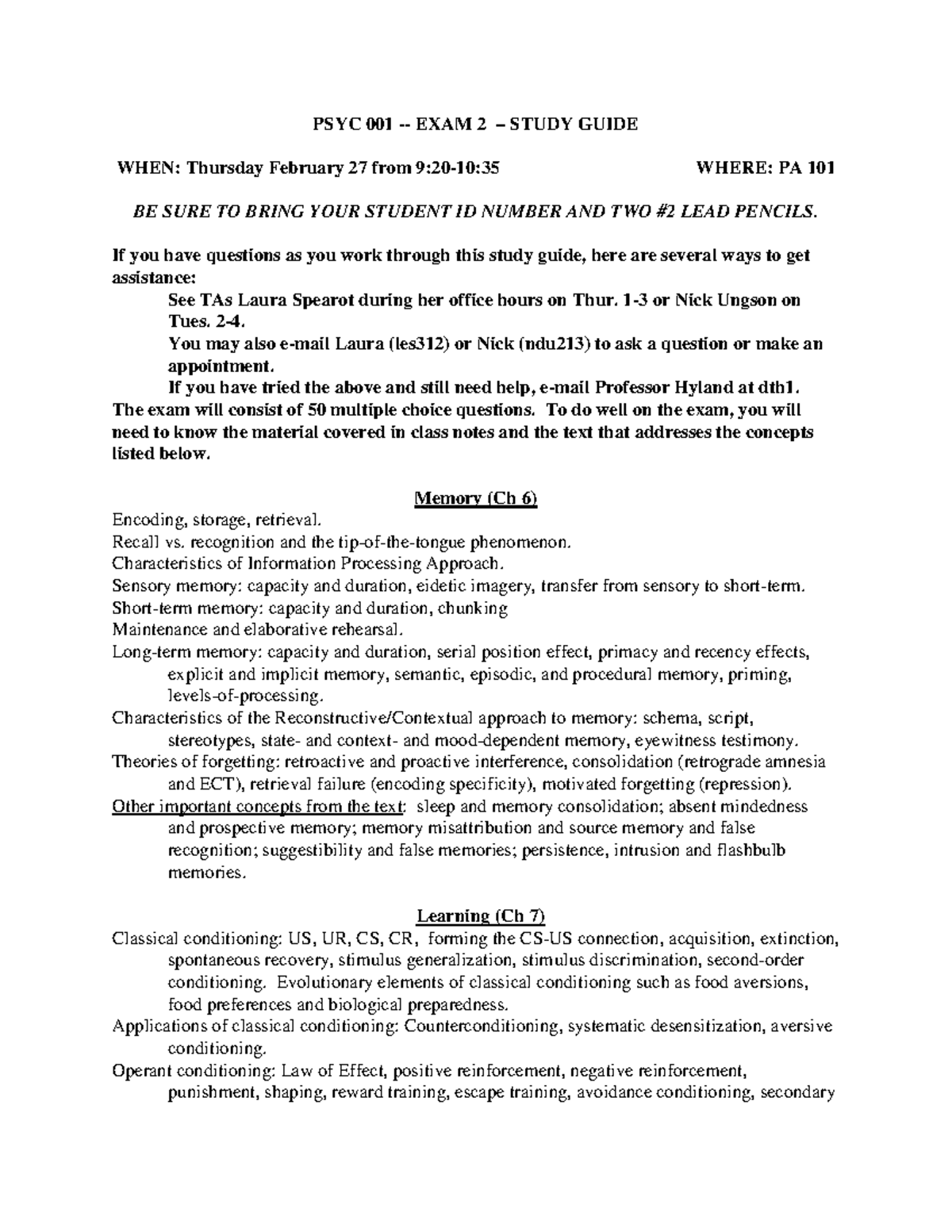 Test 2 study guide - PSYC 001 - EXAM 2 – STUDY GUIDE WHEN: Thursday ...