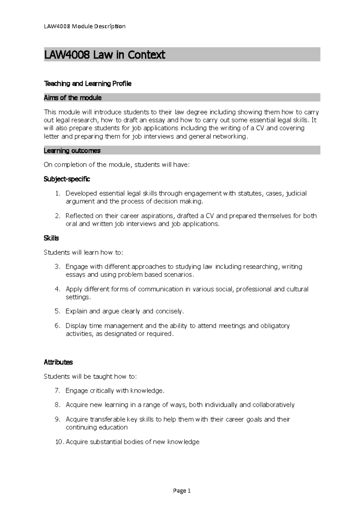 LAW4013 Law in Context Module Description 202223 LAW4008 Module