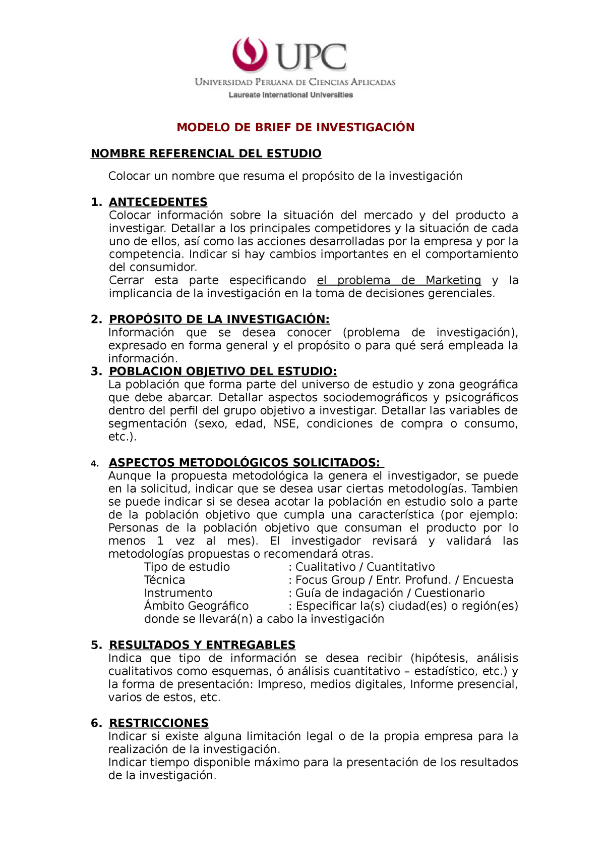 Modelo Brief De Investigación 2016 Modelo De Brief De InvestigaciÓn Nombre Referencial Del 1489