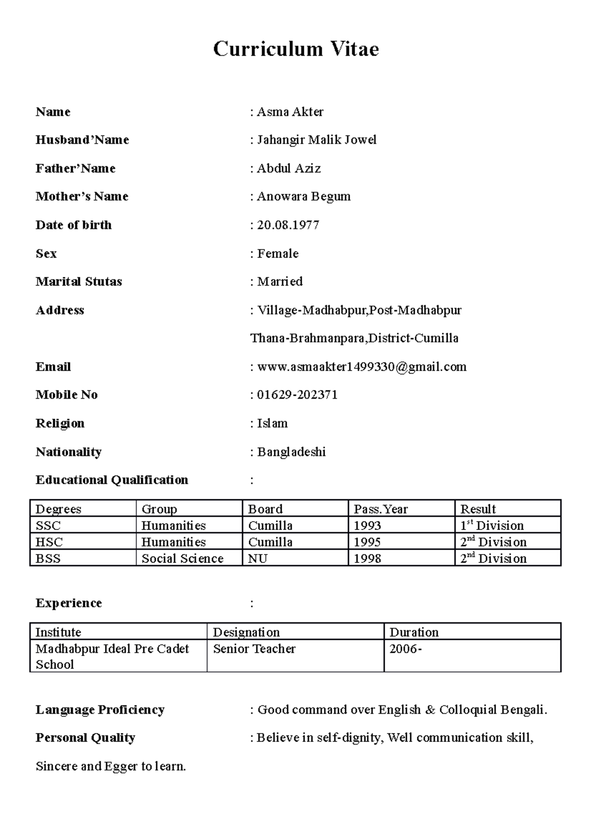 Curriculum Vitae - good note - Curriculum Vitae Name : Asma Akter ...