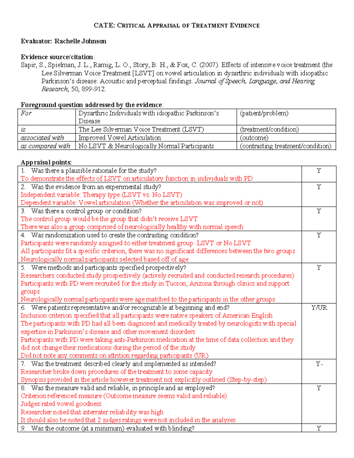 Sapir CATE form - CATE: CRITICAL APPRAISAL OF TREATMENT EVIDENCE ...