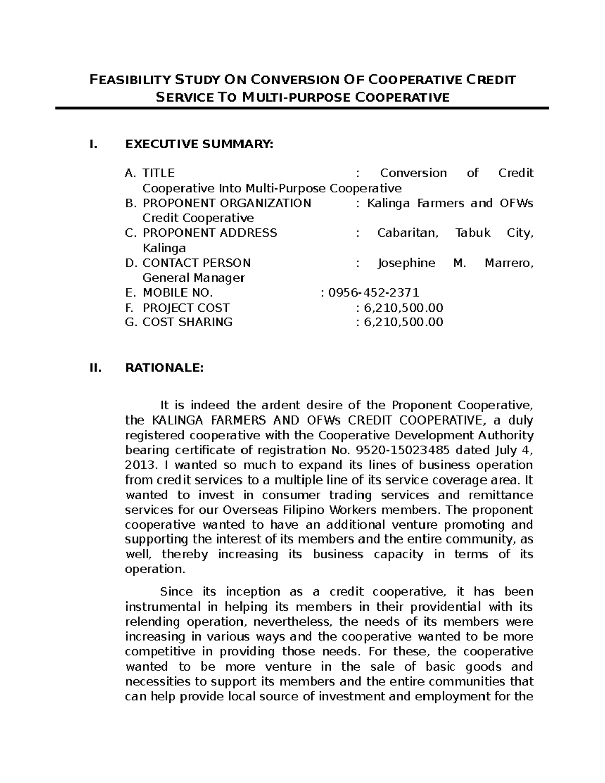 FeasibilityStudy FEASIBILITY STUDY ON CONVERSION OF COOPERATIVE