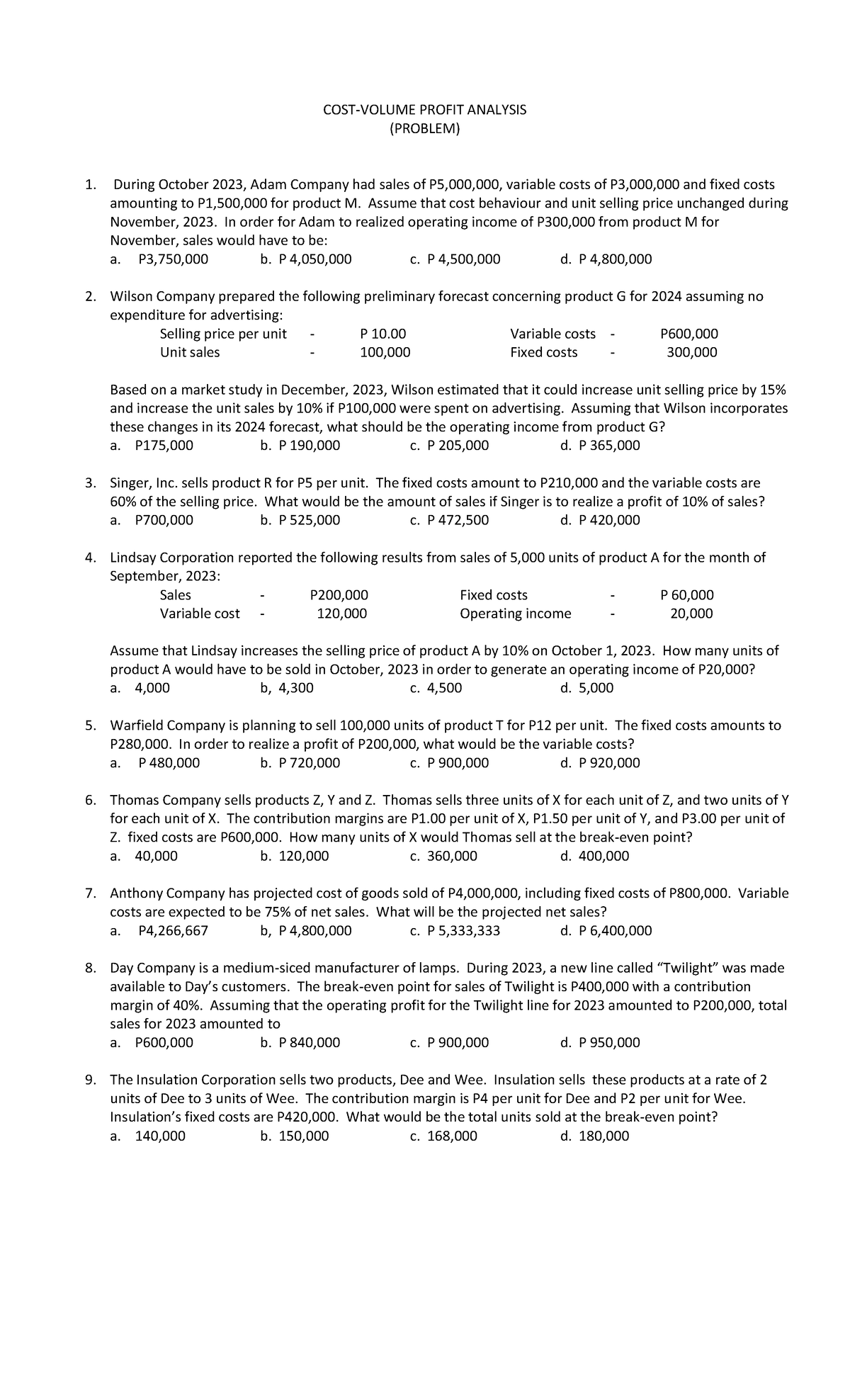 Problem Questions 30 items 1 - COST-VOLUME PROFIT ANALYSIS (PROBLEM ...