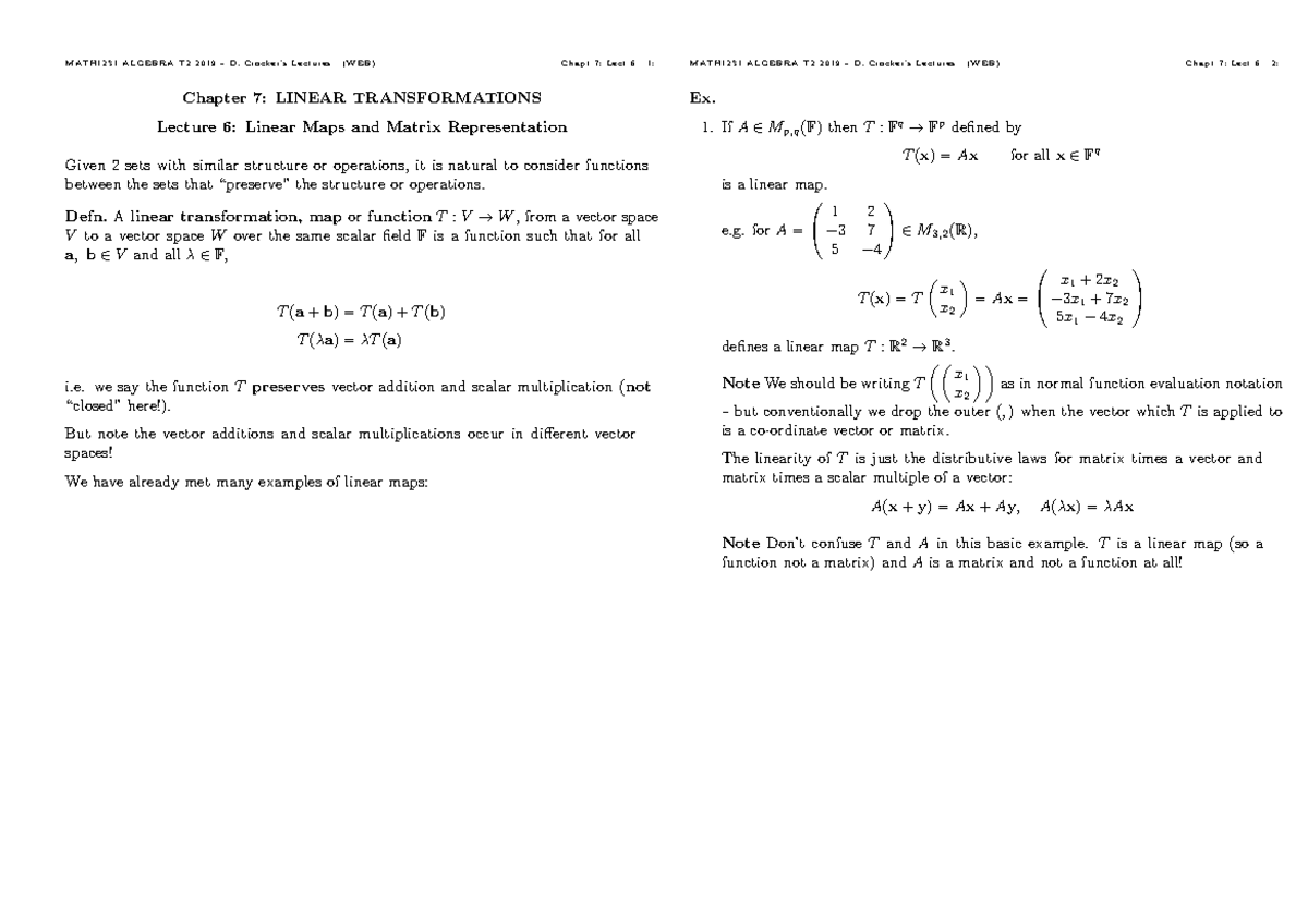 Algebra Week 4 - Lec06 - Lectures for math1231 - Chapter 7: LINEAR ...