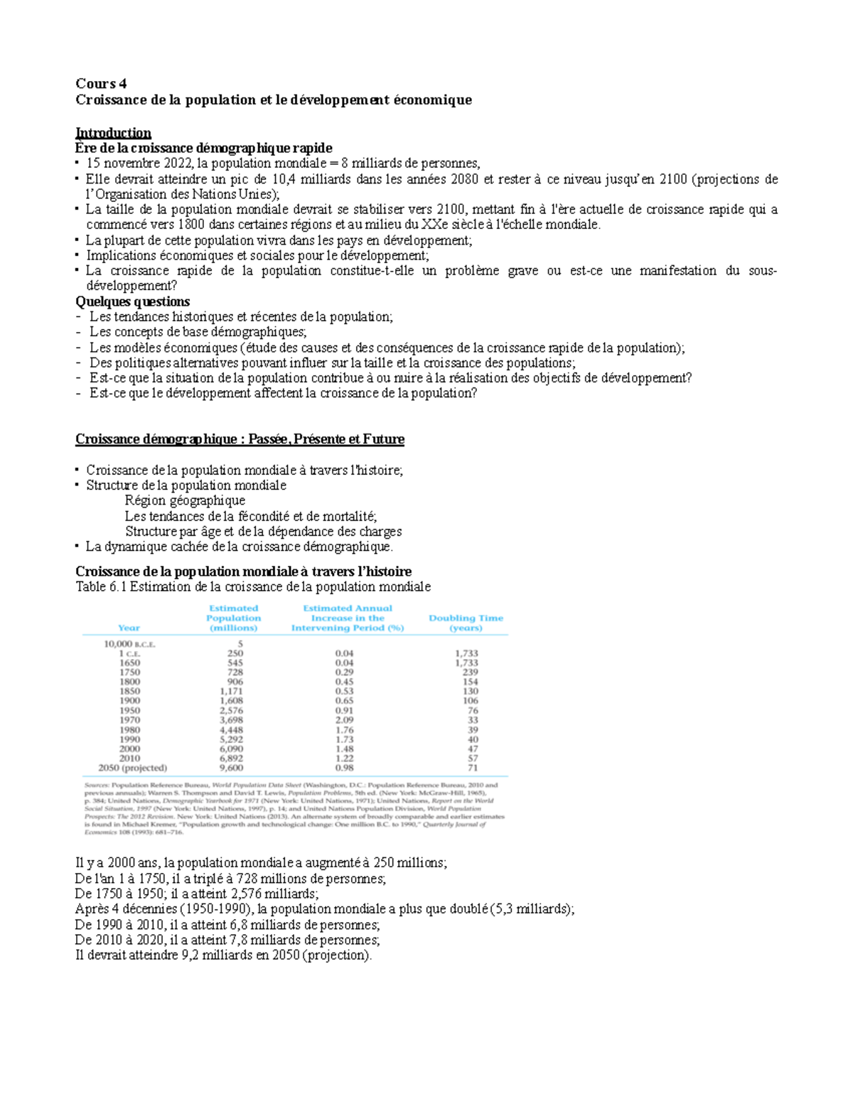 ECN2405H24 NOTES - Cours 4 Croissance de la population et le ...