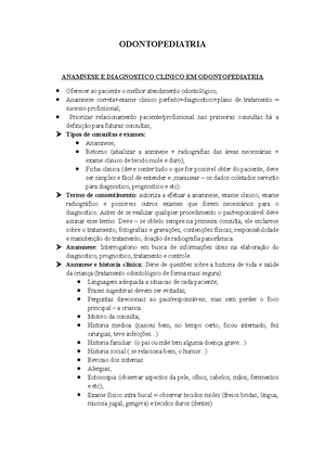 7º Aula Anamnese - Exame Clinico - MÓDULO: CLÍNICA INFANTIL PREVENTIVA E  RESTAURADORA ROTEIRO AULA - Studocu