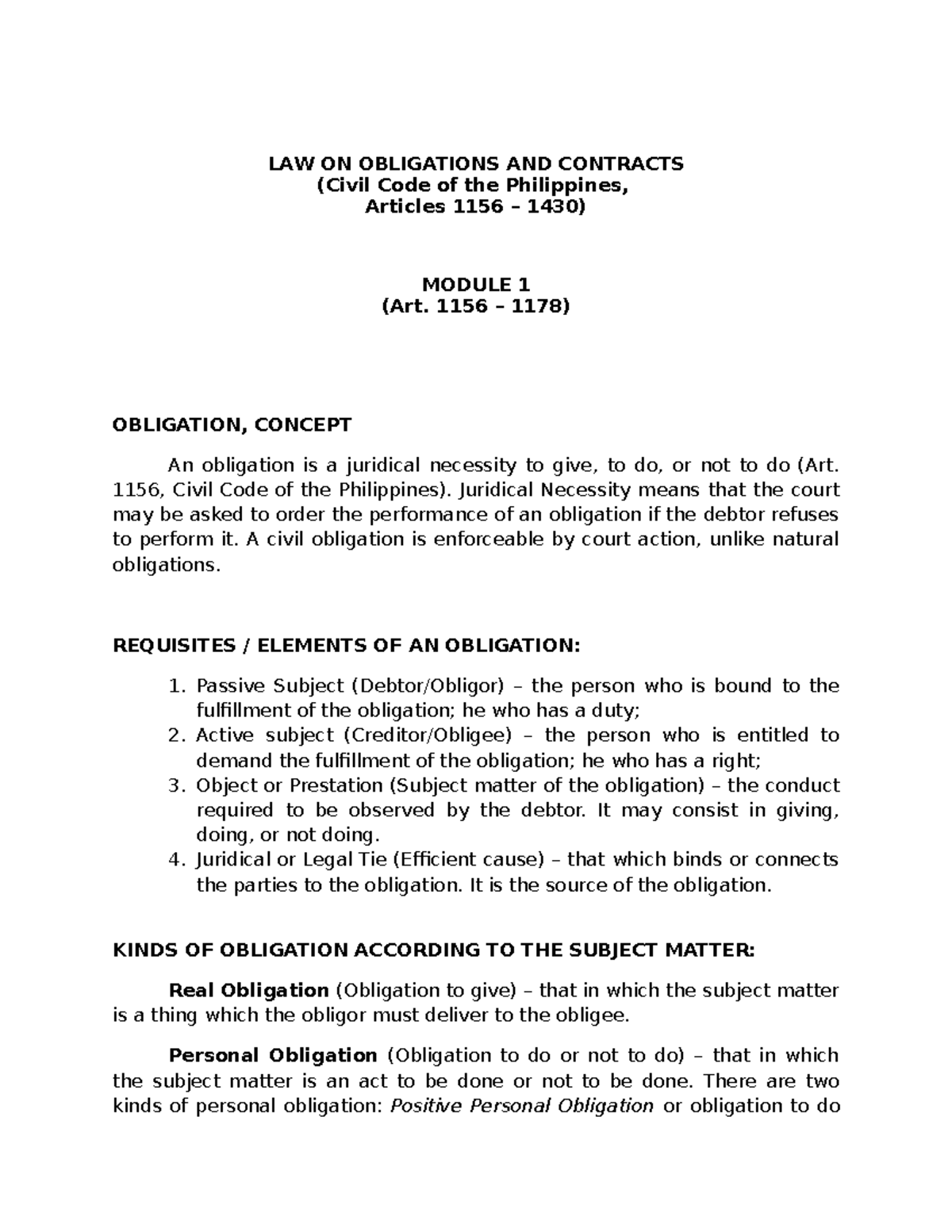 ACT180 The Law On Obligation And Contract By De Leon Summarized Notes ...