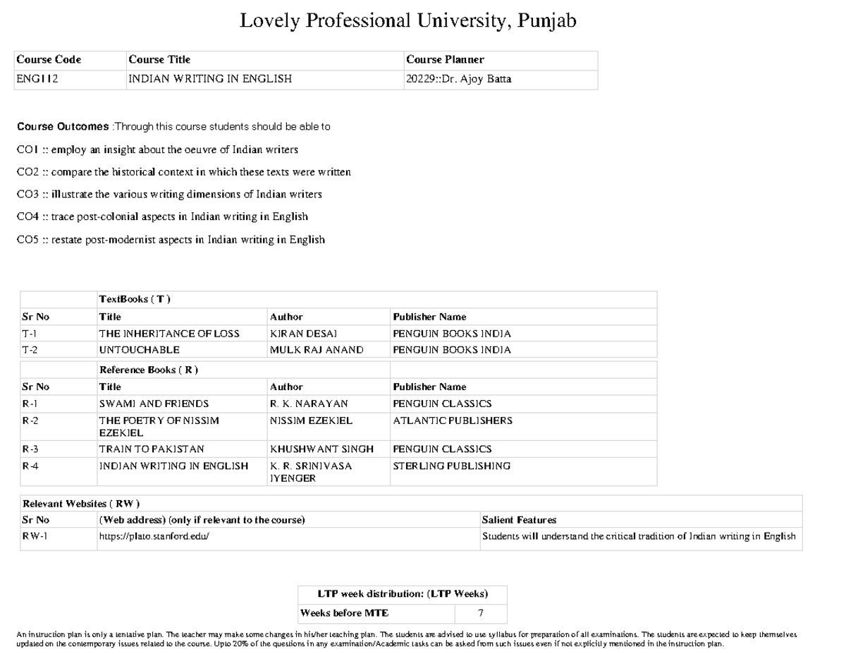 ENG112 Indian Writing IN English Lecture Plan - Lovely Professional ...