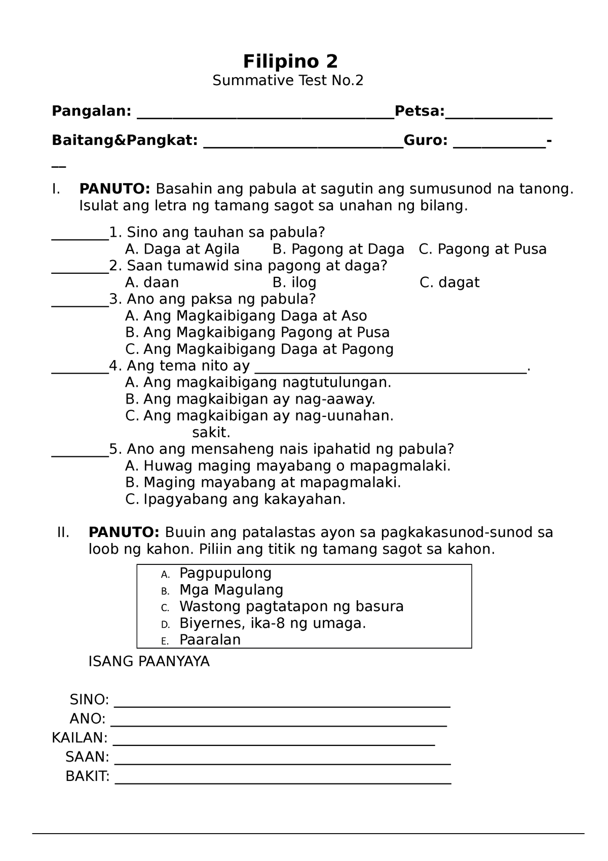 Summative 2 - Exam - Filipino 2 Summative Test No. Pangalan ...