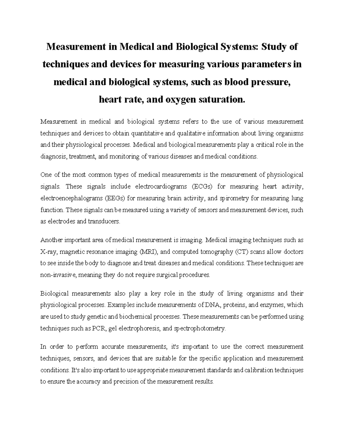 Measurement in Medical and Biological Systems Measurement in medical