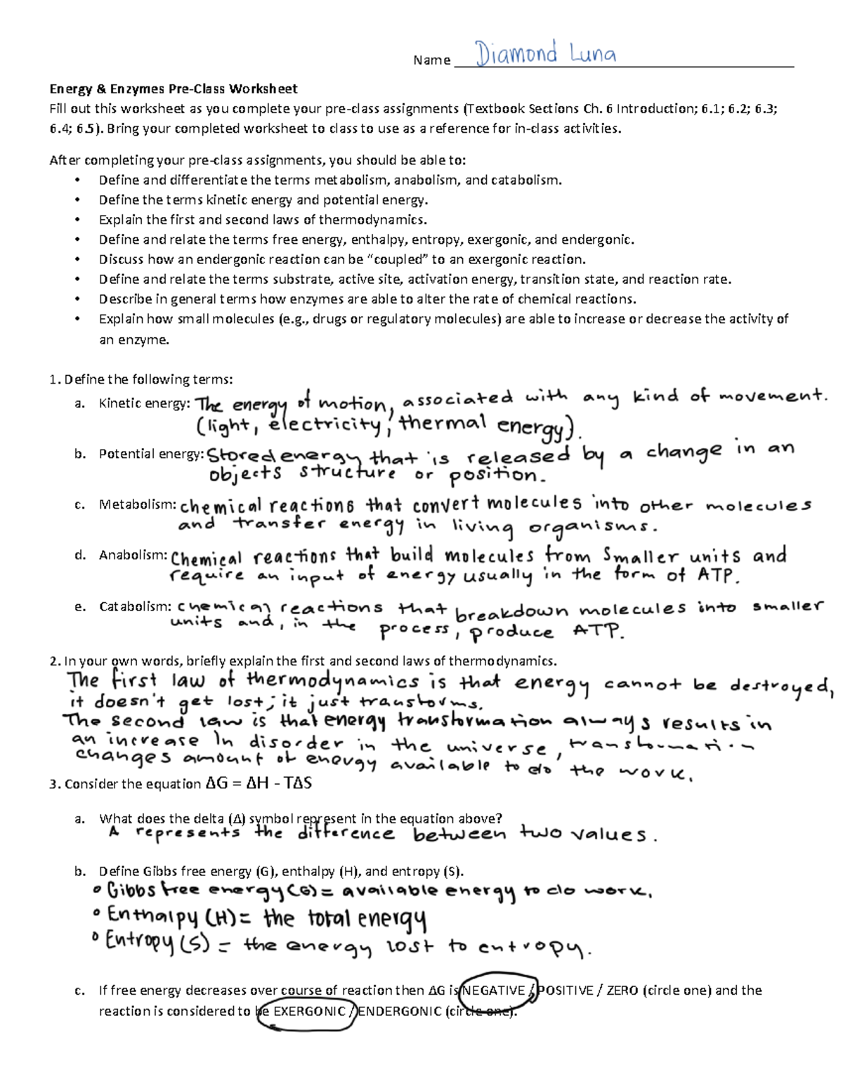 Week 3a Pre-Class Reading Guide - Energy Enzymes 2 - Name - Studocu