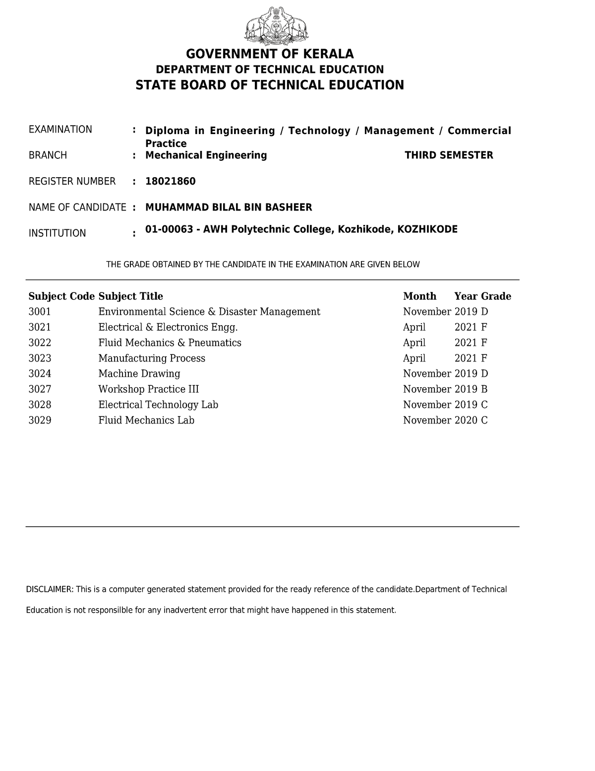 Sem mark (3 - Sdsjhnwnnwnwnm w - GOVERNMENT OF KERALA DEPARTMENT OF ...