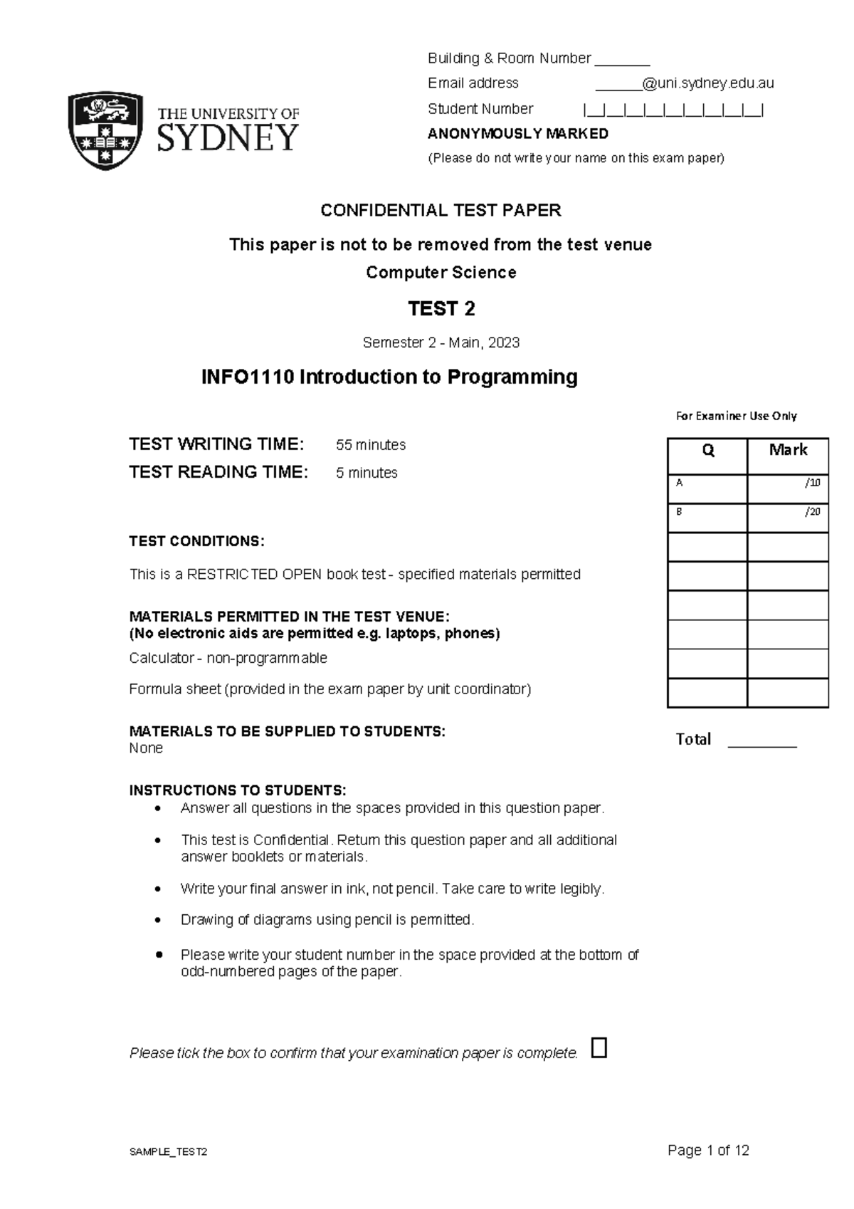 Sample Test2 CONFIDENTIAL TEST PAPER This paper is not to be removed