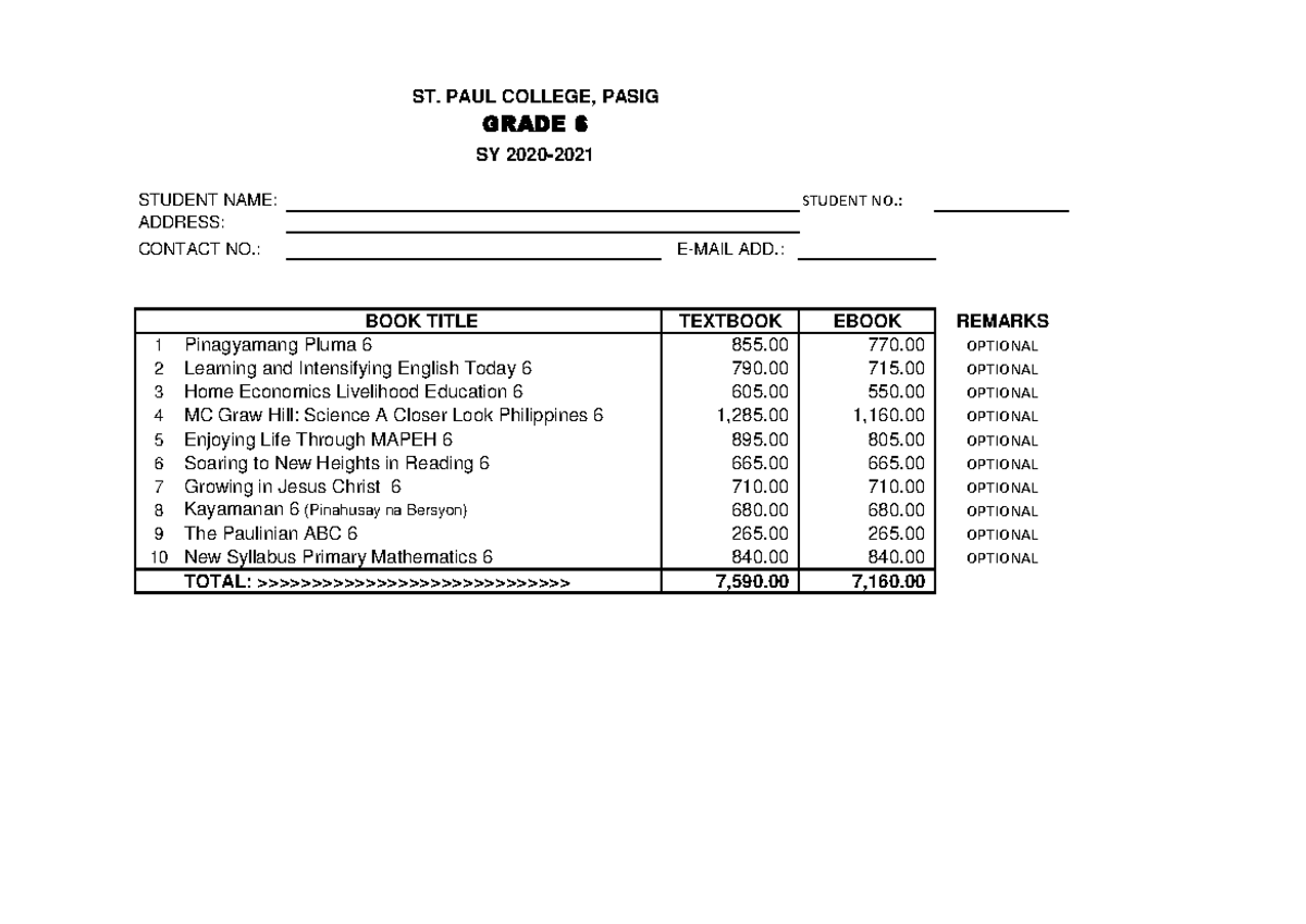 Grade 6 NEW 2 - its subject list assignments - STUDENT NAME: STUDENT NO ...