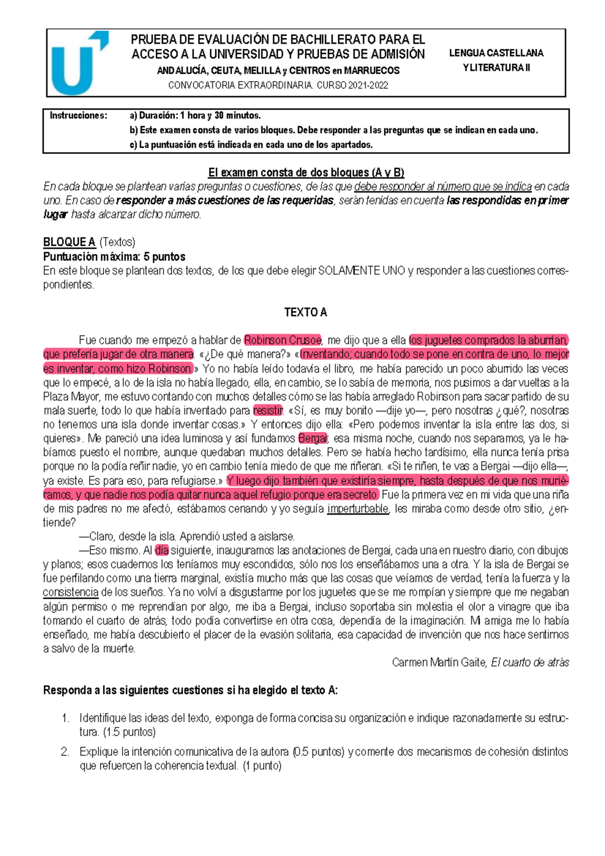 Impreso- Lengua- Extra- Titular- Examen copia - PRUEBA DE EVALUACIÓN DE ...