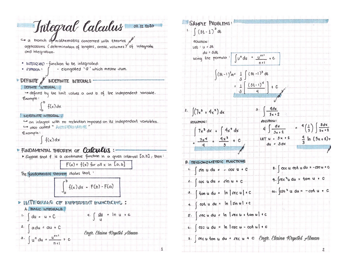 Integral Calculus Notes - Engineering Calculus 2 - CIT-University - Studocu