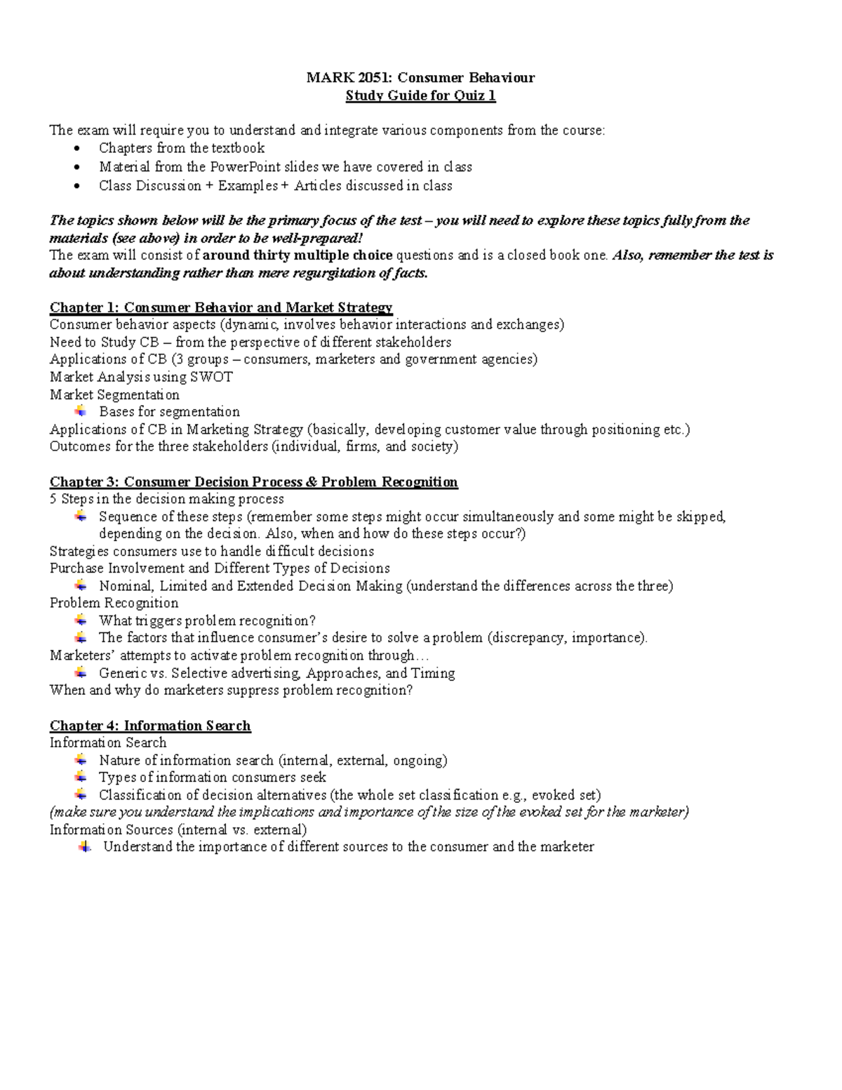 Study guide - Quiz 1 - MARK 2051: Consumer Behaviour Study Guide for ...