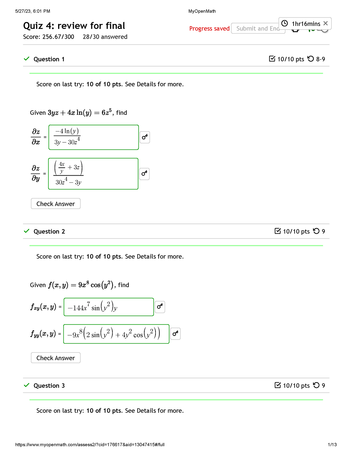 Final-review - Calculus 1 - Quiz 4: Review For Final Score: 256/300 28/ ...