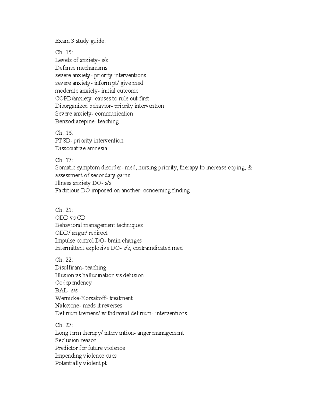 MH exam 3 study guide - Exam 3 study guide: Ch. 15: Levels of anxiety ...
