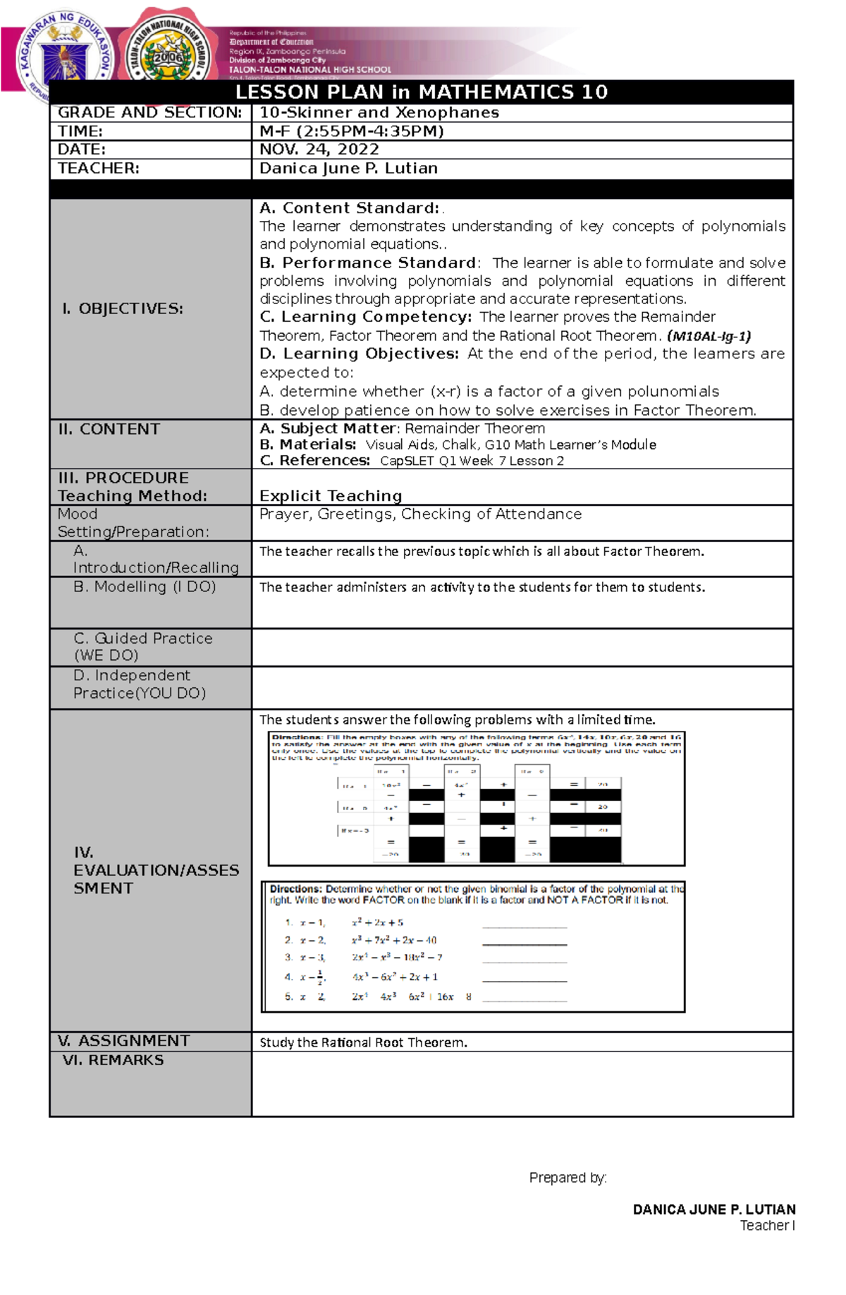 DLP-November 24,2022- Math 10 - LESSON PLAN In MATHEMATICS 10 GRADE AND ...