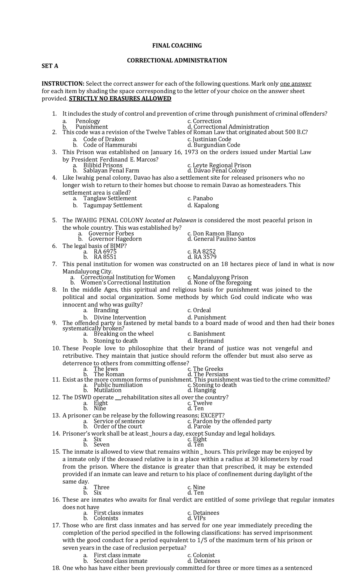 CA Diagnostic EXAM - Exam - SET A FINAL COACHING CORRECTIONAL ...