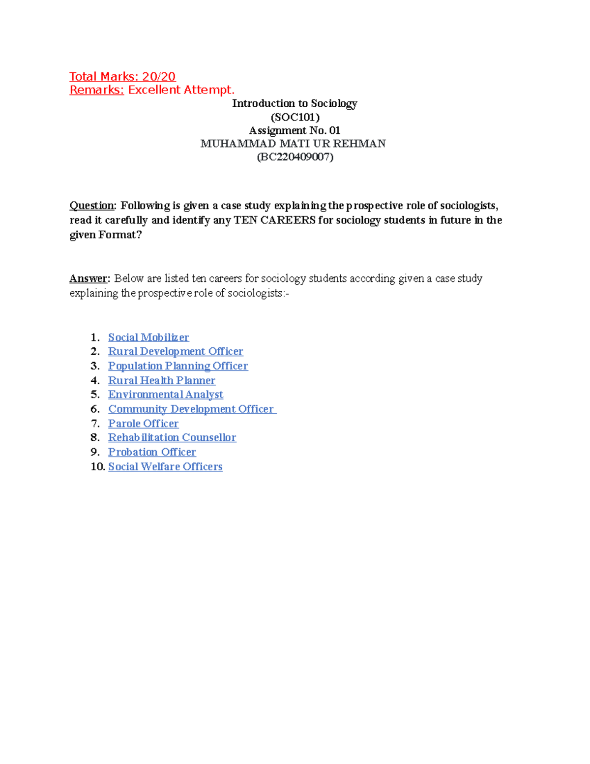 Mrk Fall 2022 Soc101 1 Bc220409007 Total Marks 20 Remarks