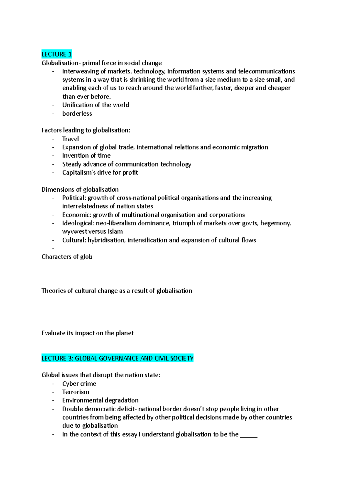 INGS 1003 notes - LECTURE 1 Globalisation- primal force in social ...