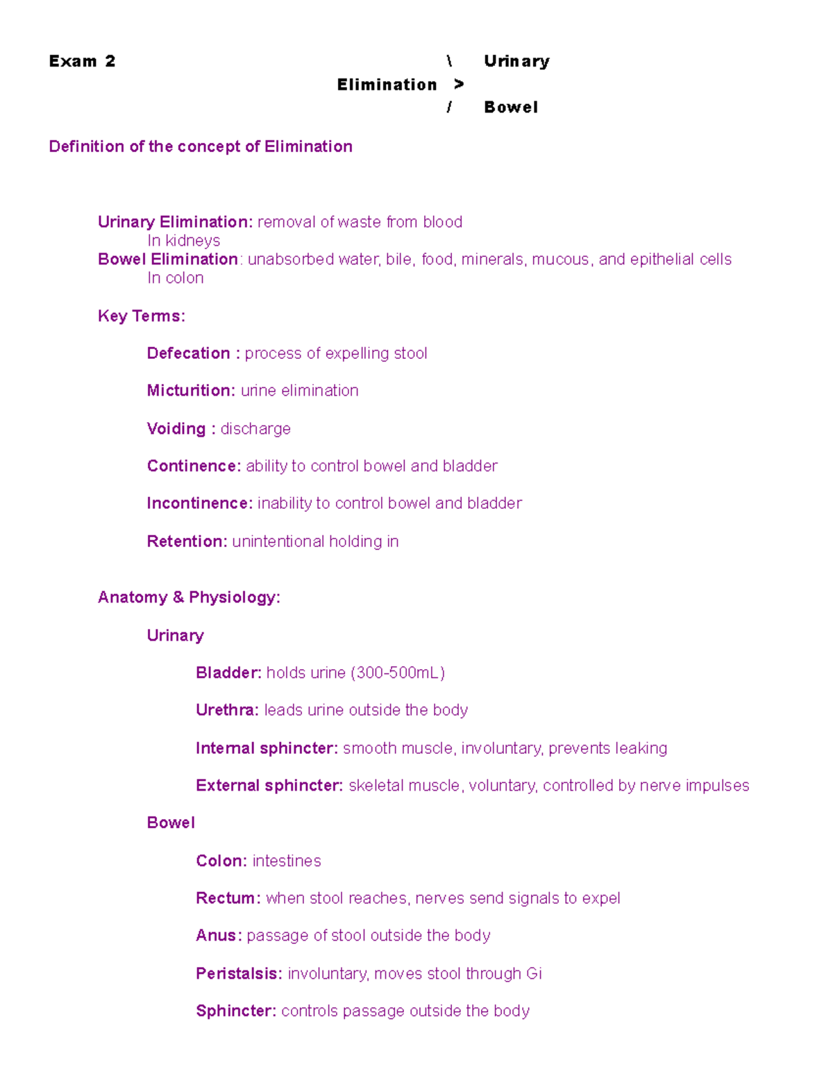 Funds Elimination Yoost Notes Exam 2 Urinary Elimination