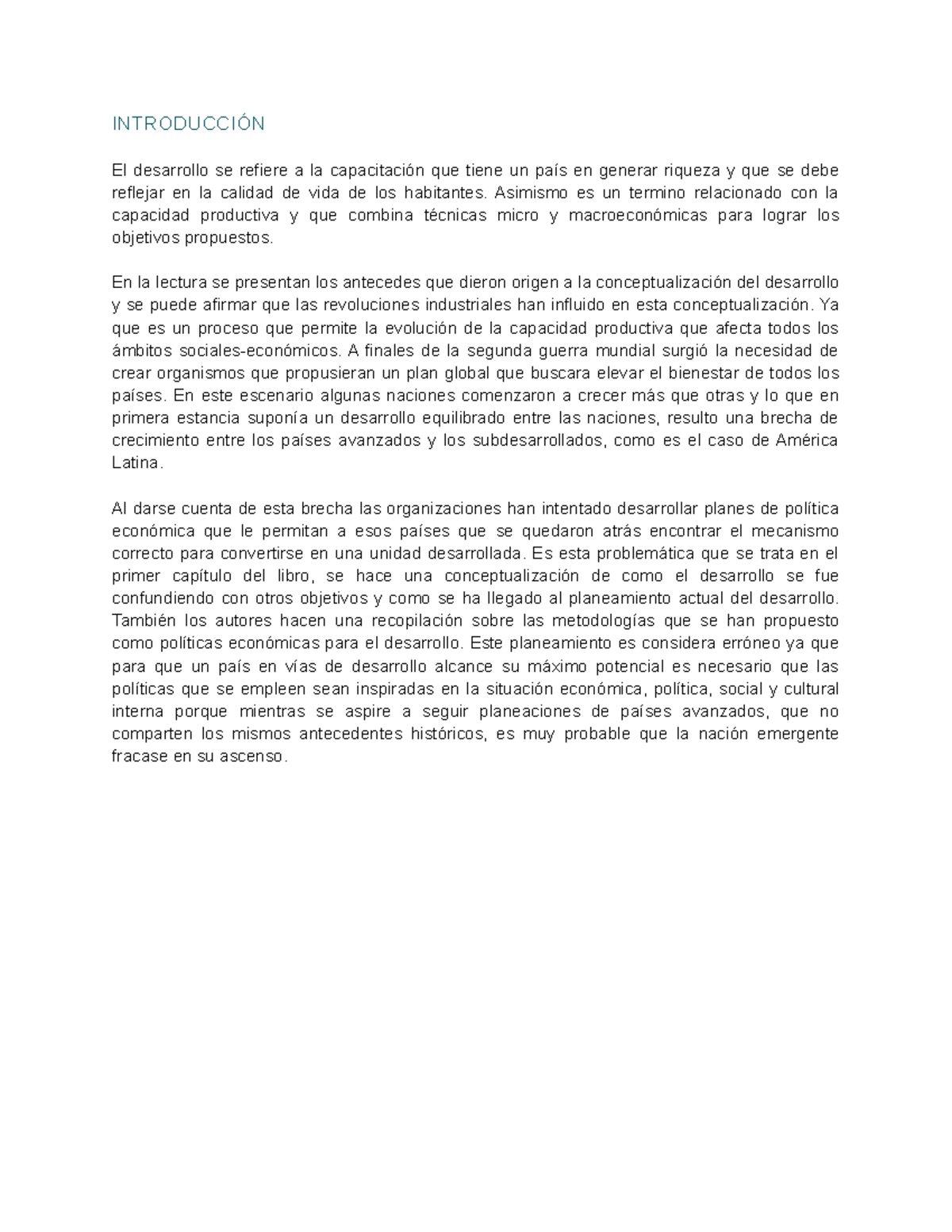 Resumen Cap 1 Desarrollo y Subdesarrollo