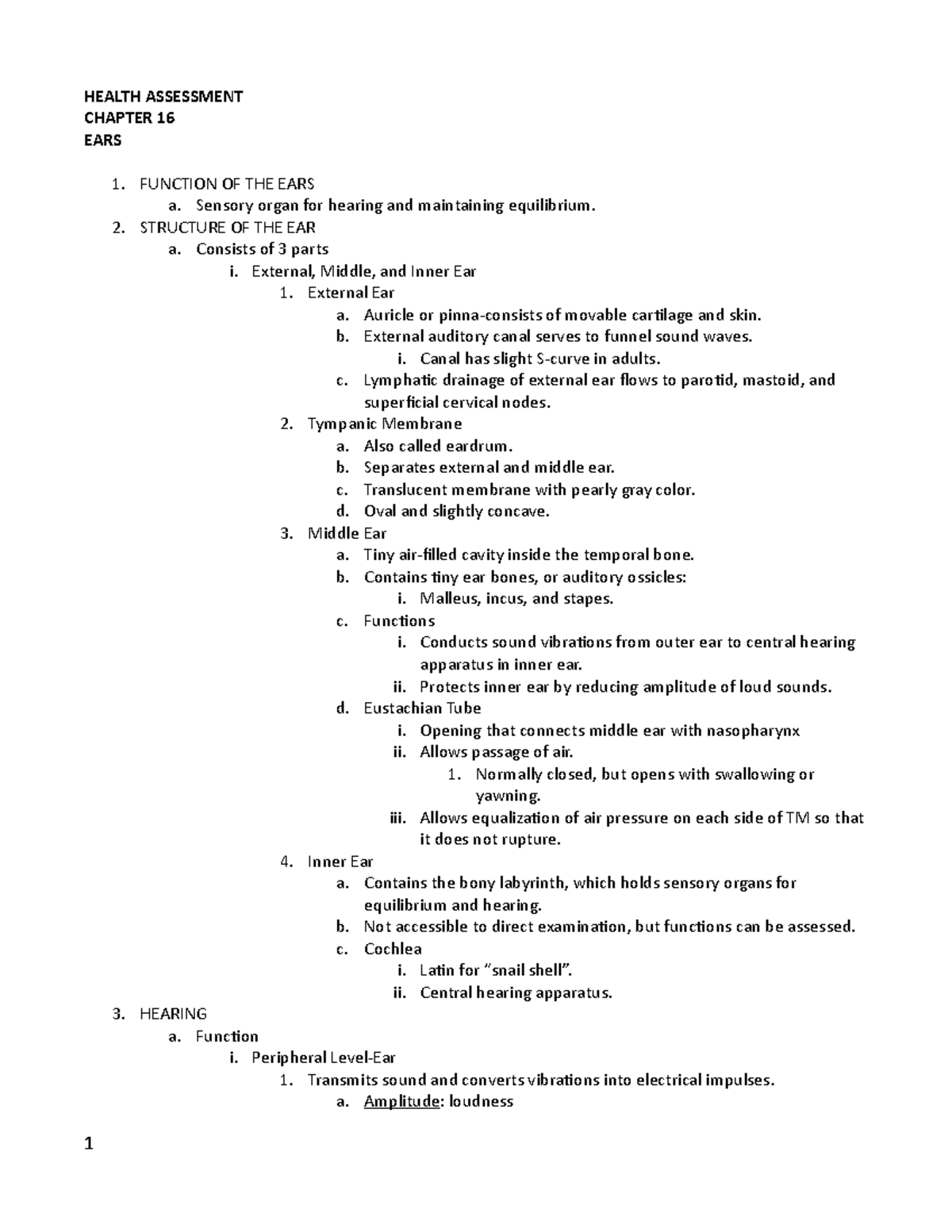 16 - HA EARS - BOR - notes - HEALTH ASSESSMENT CHAPTER 16 EARS 1 ...