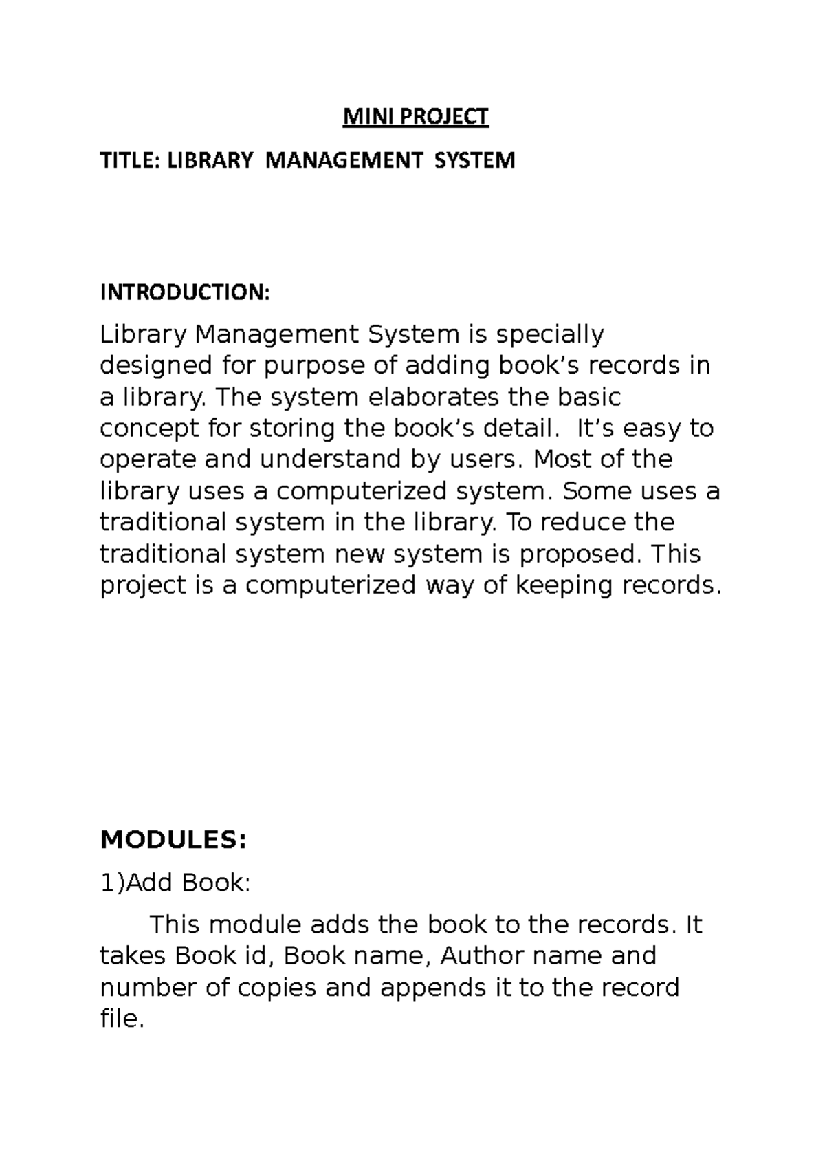 MINI Project - TITLE: LIBRARY MANAGEMENT SYSTEMMINI PROJECT ...