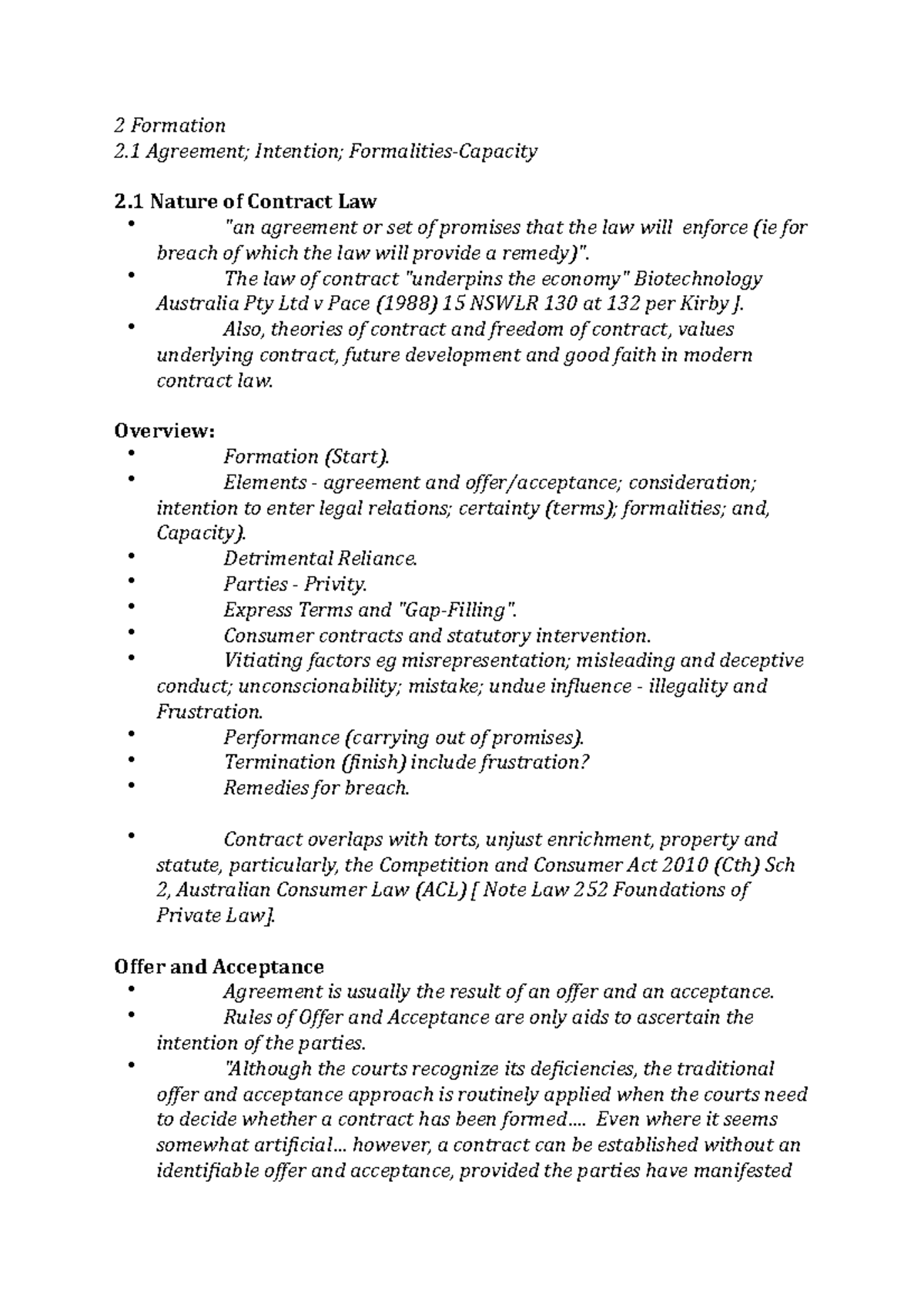 Contract Law Notes Offer & Acceptace - 2 Formation 2 Agreement ...