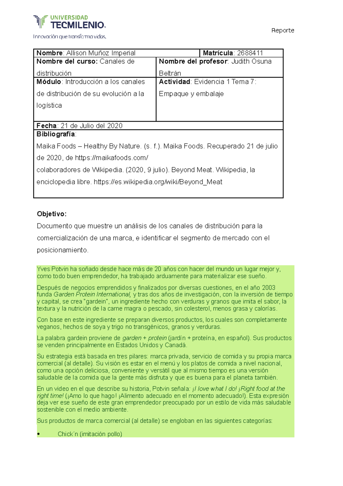 Evidencia 1 Canales de distribución - Nombre : Allison Muñoz Imperial ...