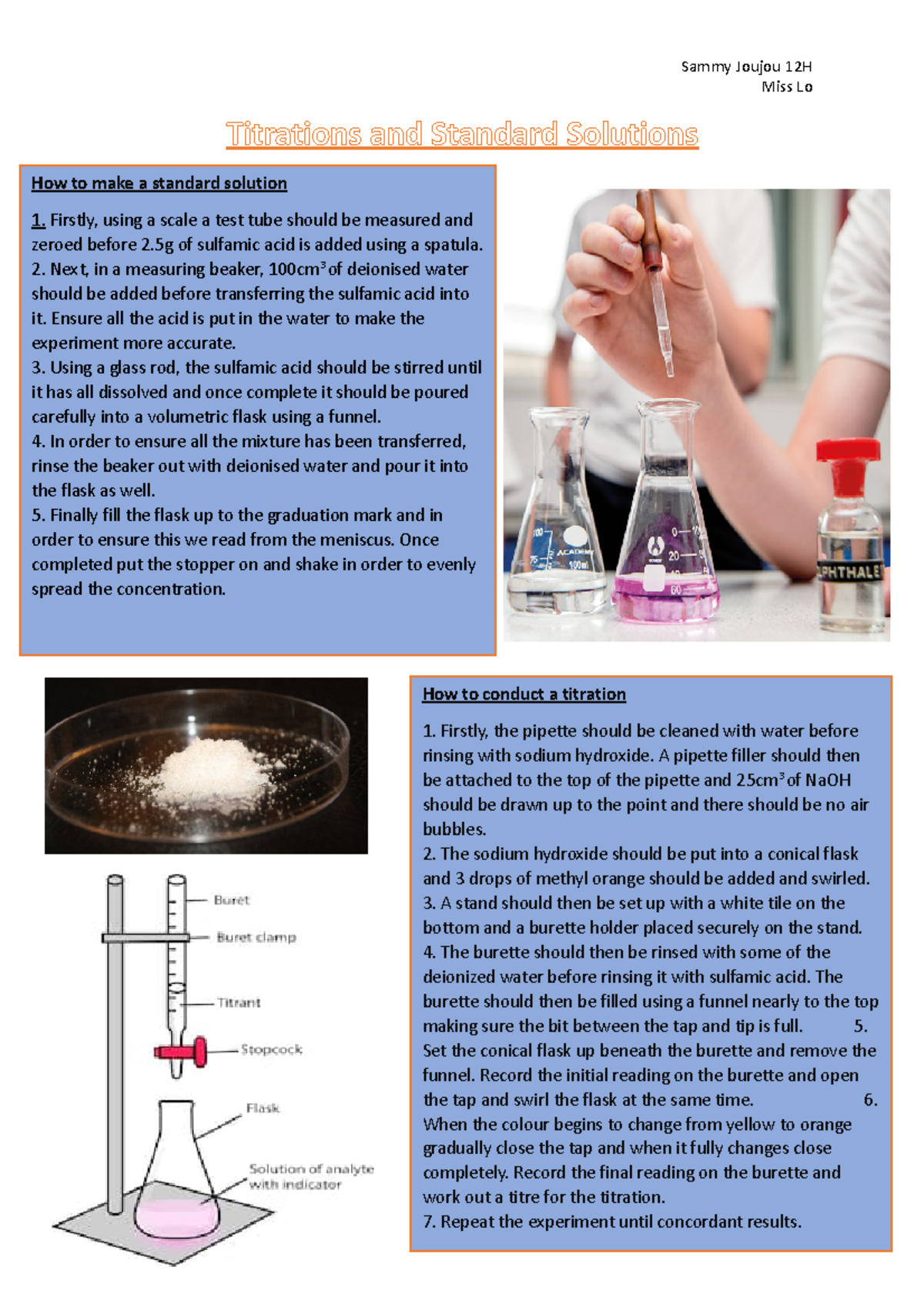 Titration and standard solution Sammy Joujou 12H Miss Lo Titrations and Standard Solutions How