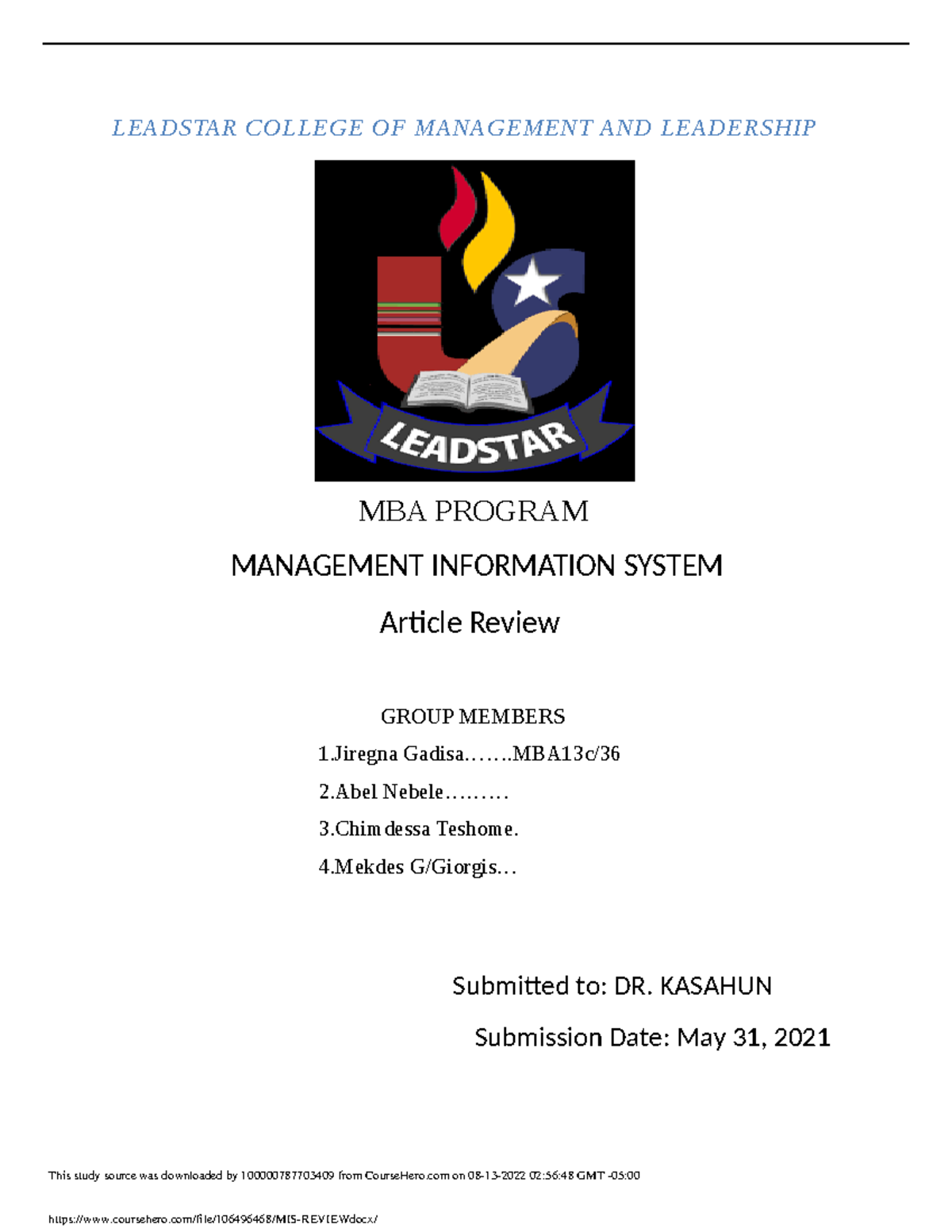 MIS Review - LEADSTAR COLLEGE OF MANAGEMENT AND LEADERSHIP MBA PROGRAM ...