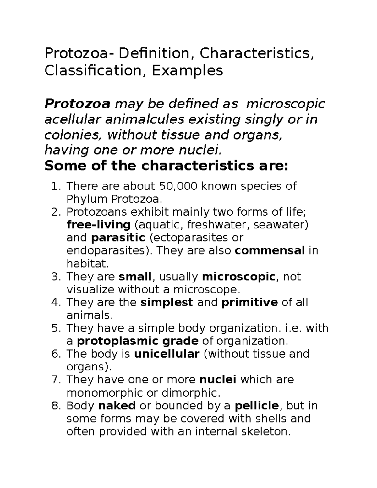 Bio 8 - Notes - Protozoa- Definition, Characteristics, Classification ...