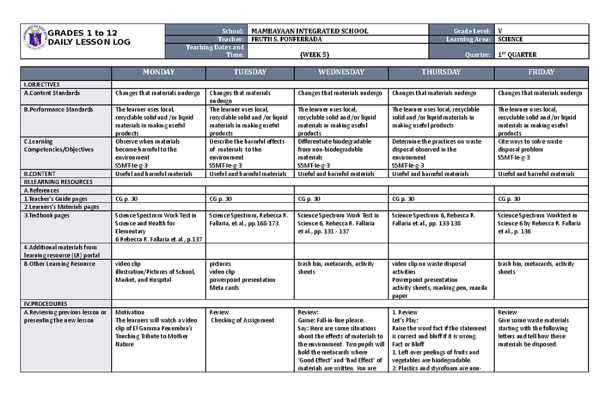 DLL Science 5 Q1 W5 - none - GRADES 1 to 12 DAILY LESSON LOG School ...