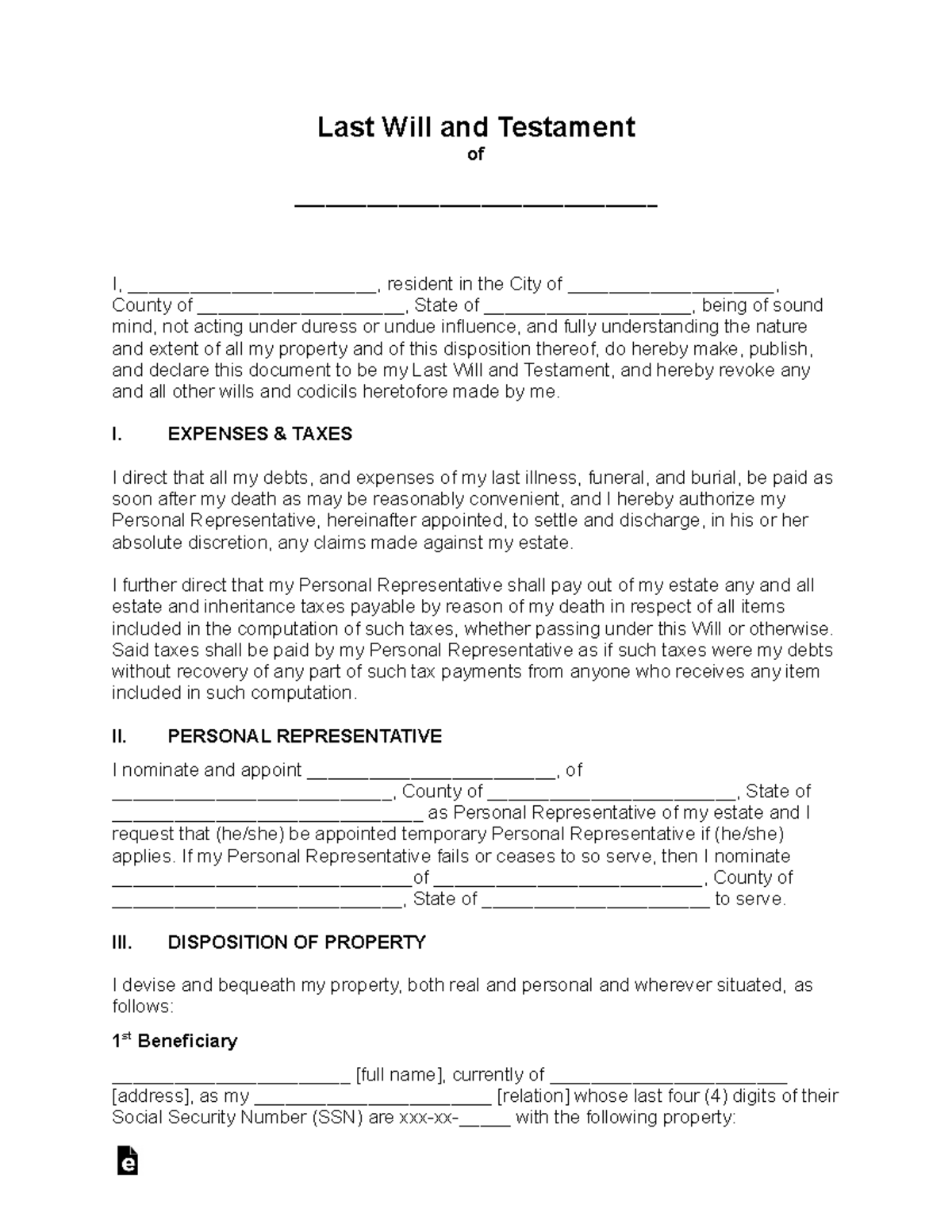Last will and testament template - Last Will and Testament of