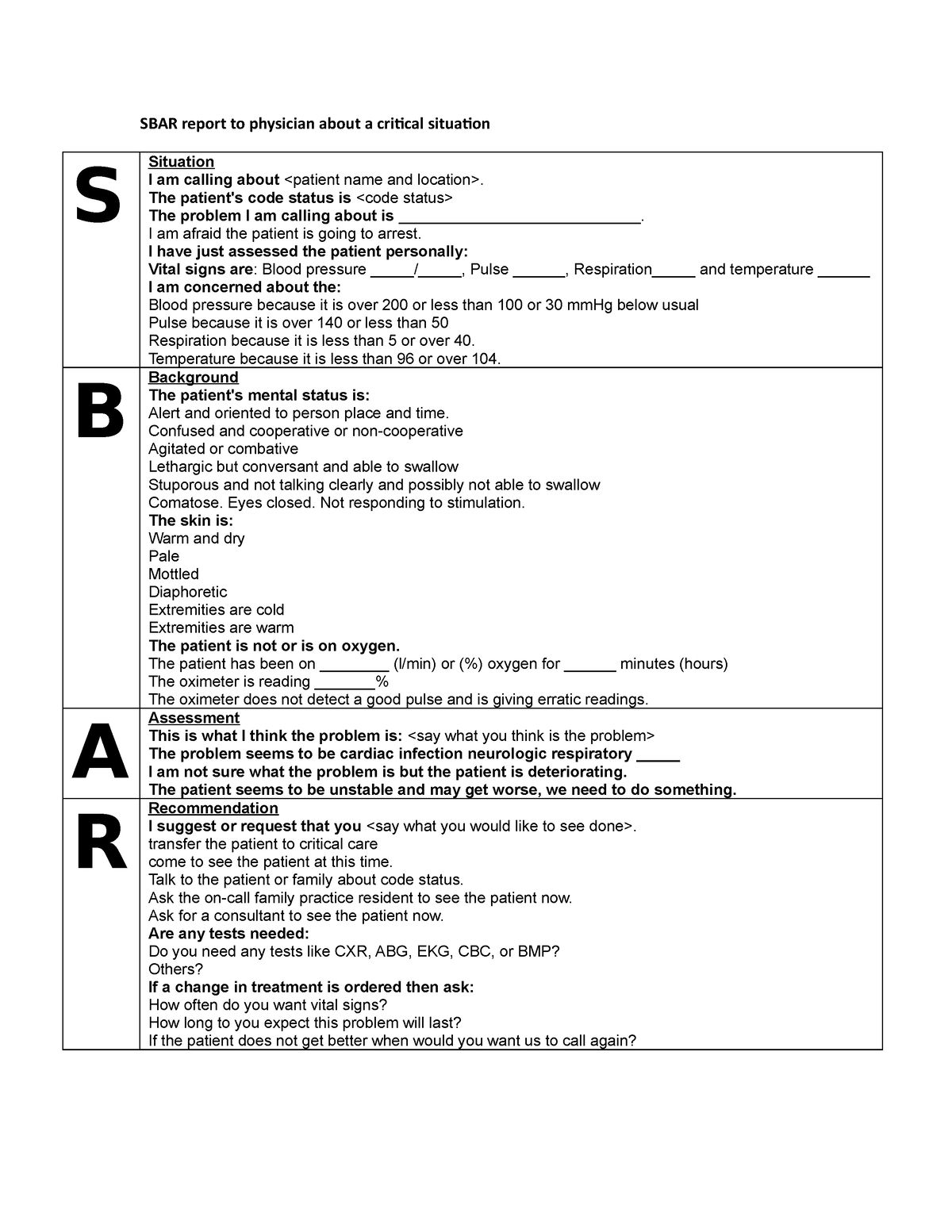 SBAR report sheet with Sections - SBAR report to physician about a ...