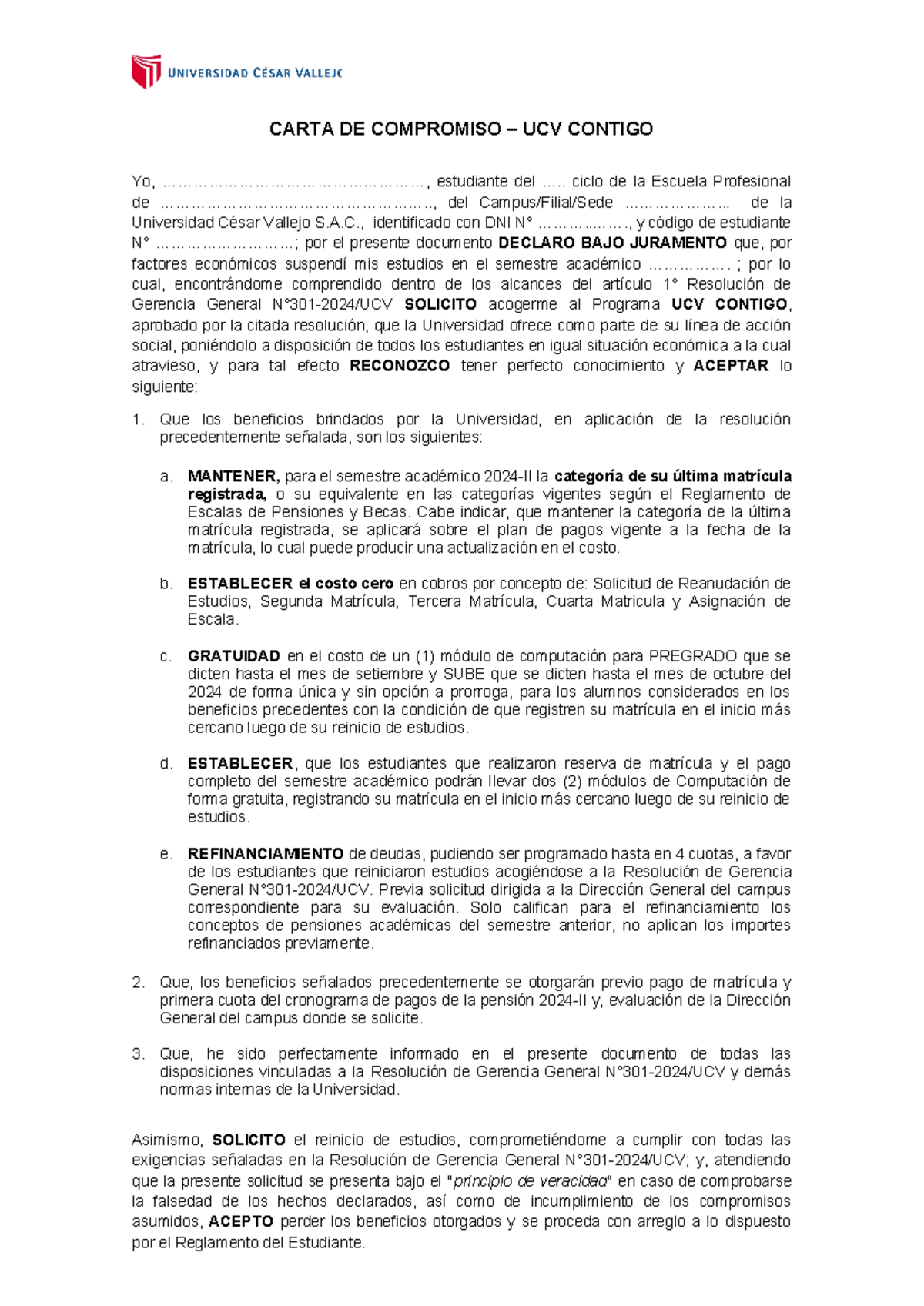 Carta DE Compromiso UCV Contigo 2024 2 - CARTA DE COMPROMISO – UCV ...
