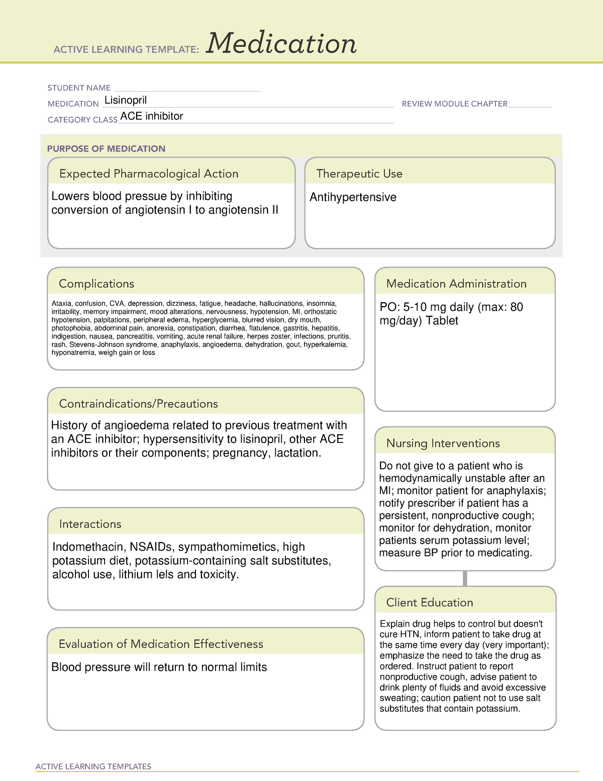 Lisinopril Med card ACTIVE LEARNING TEMPLATES Medication STUDENT