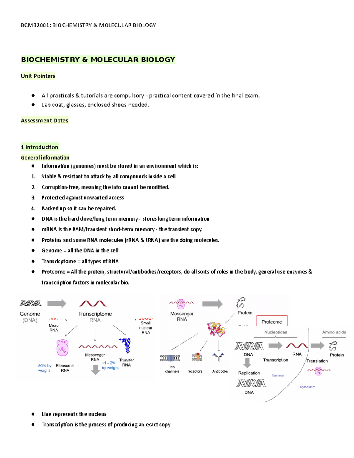 BCMB2001 Week 1-2 Lectures - BIOCHEMISTRY & MOLECULAR BIOLOGY Unit ...