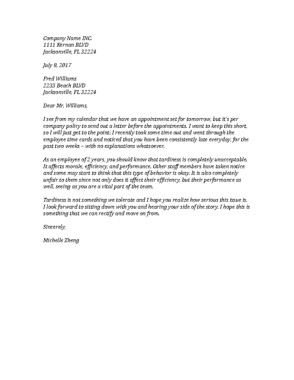 Professional letter - Company Name INC. 1111 Kernan BLVD Jacksonville ...