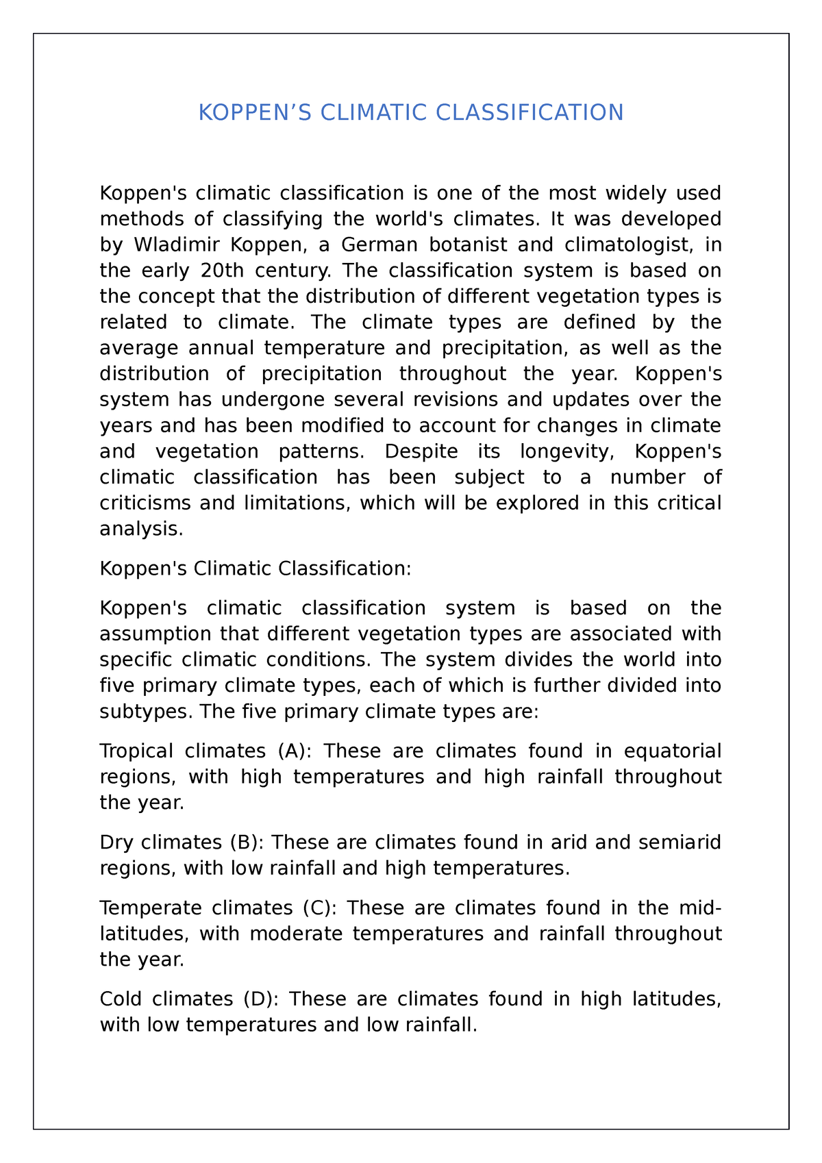 Koppen - KOPPEN’S CLIMATIC CLASSIFICATION Koppen's Climatic ...