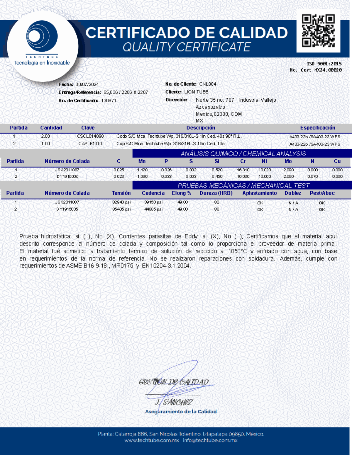 SA403-14 WPS-65836-2206 & 2207 - ISO 9001: No. Cert MX24. Entrega ...