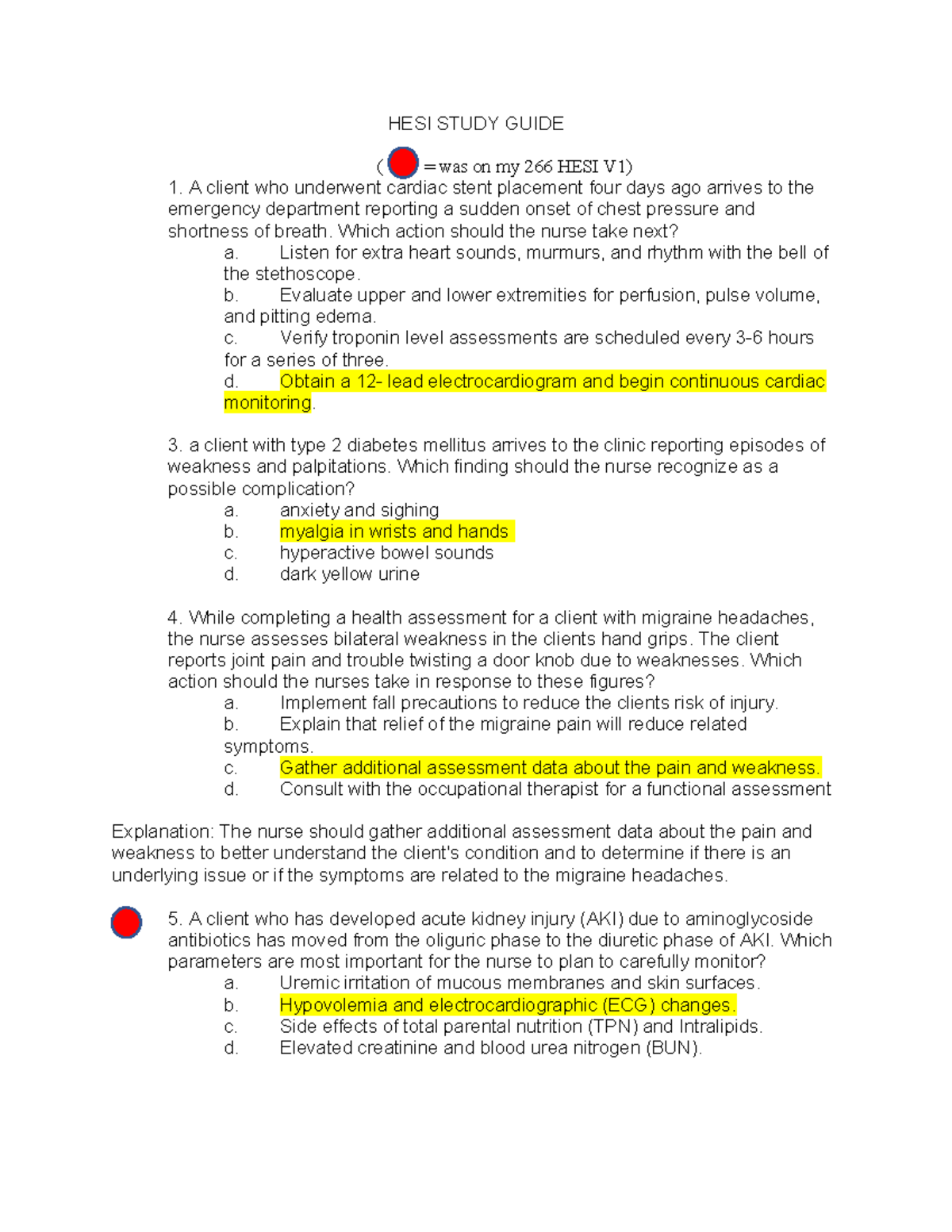 266 HESI Study Guide - HESI STUDY GUIDE ( = was on my 266 HESI V1) A ...