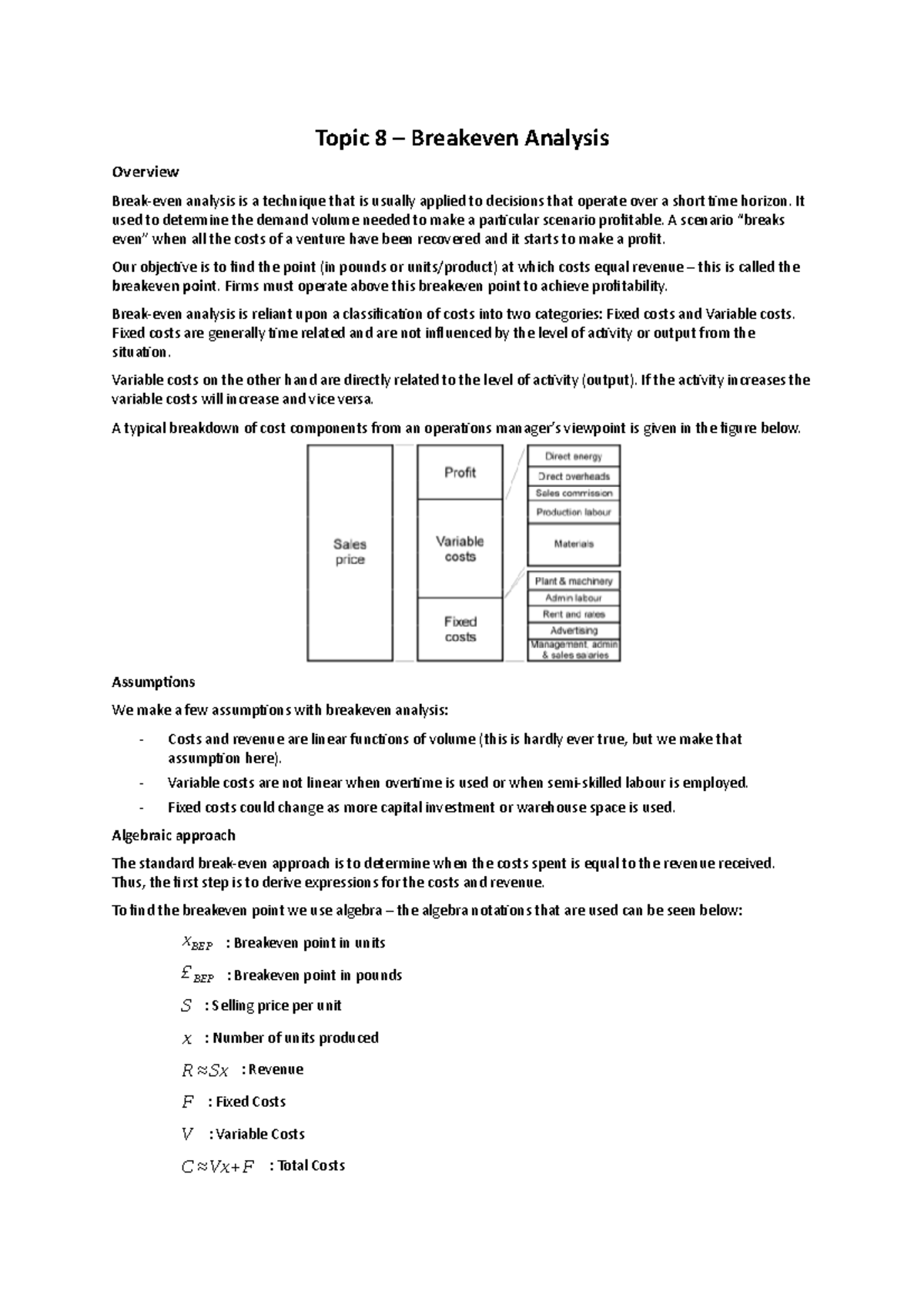 Topic 8 OM - Breakeven Analysis. - Topic 8 – Breakeven Analysis ...